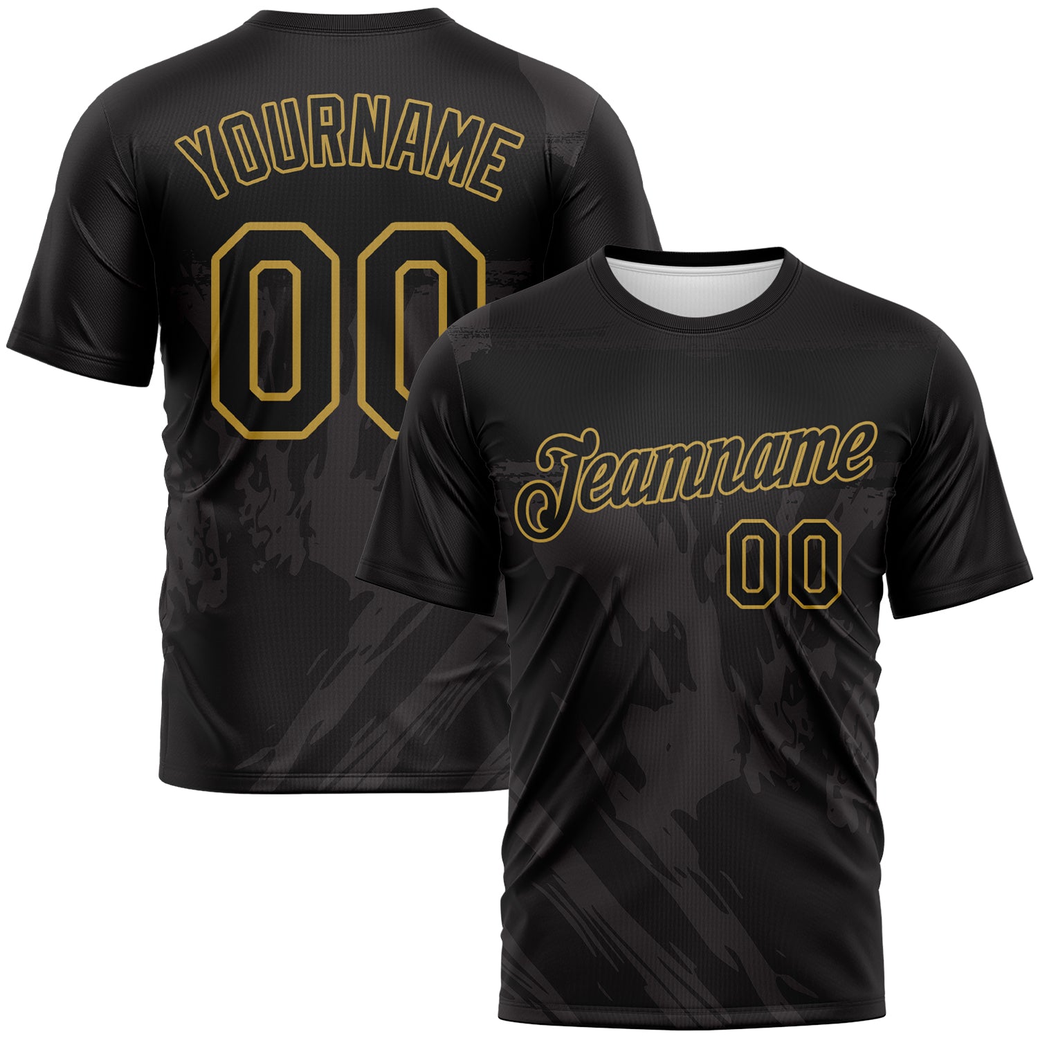Custom Black-Old Gold 3D Pattern Tonal Brush Subtle Grunge Performance T-Shirt
