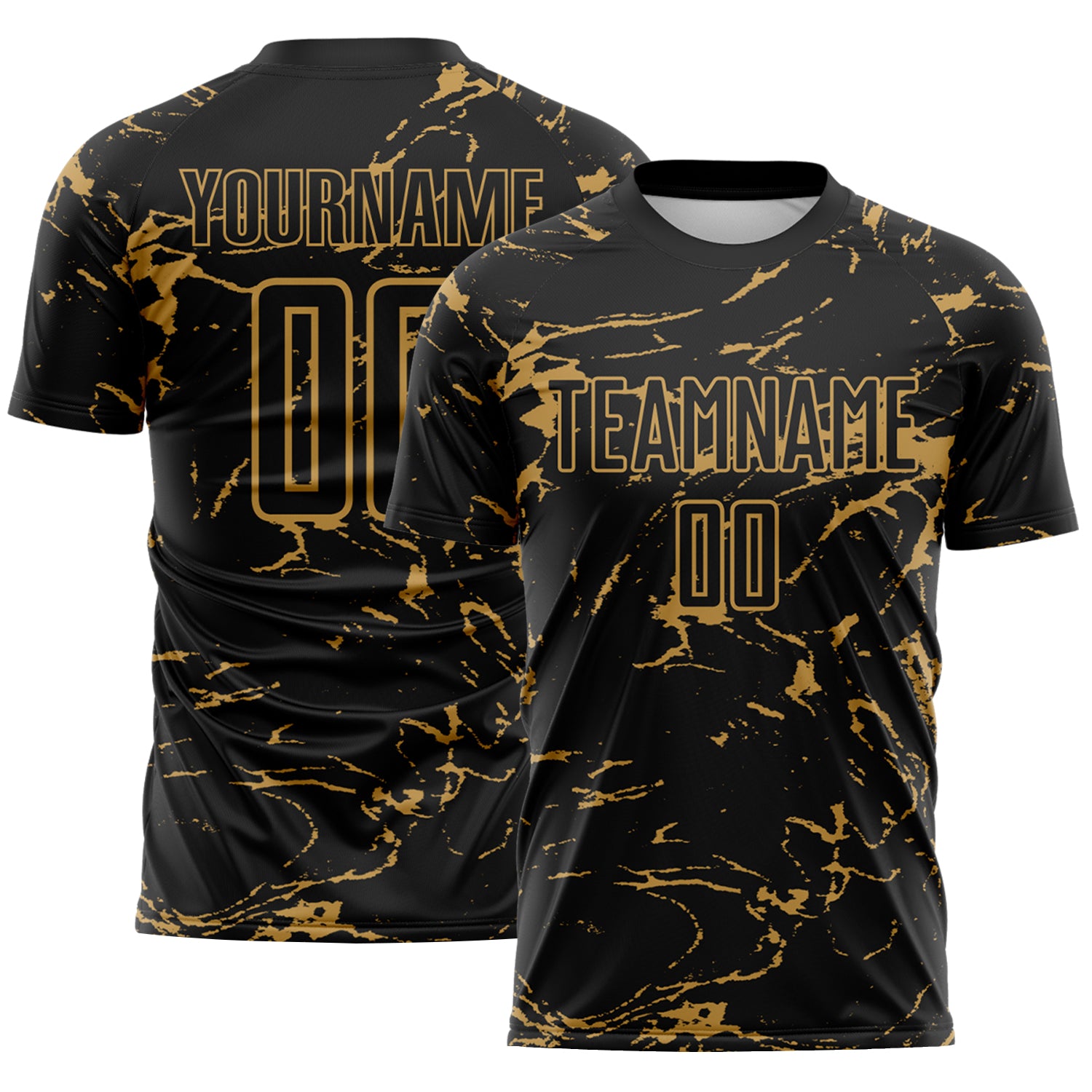 Custom Black-Old Gold Abstract Fluid Marble Sublimation Soccer Uniform Jersey