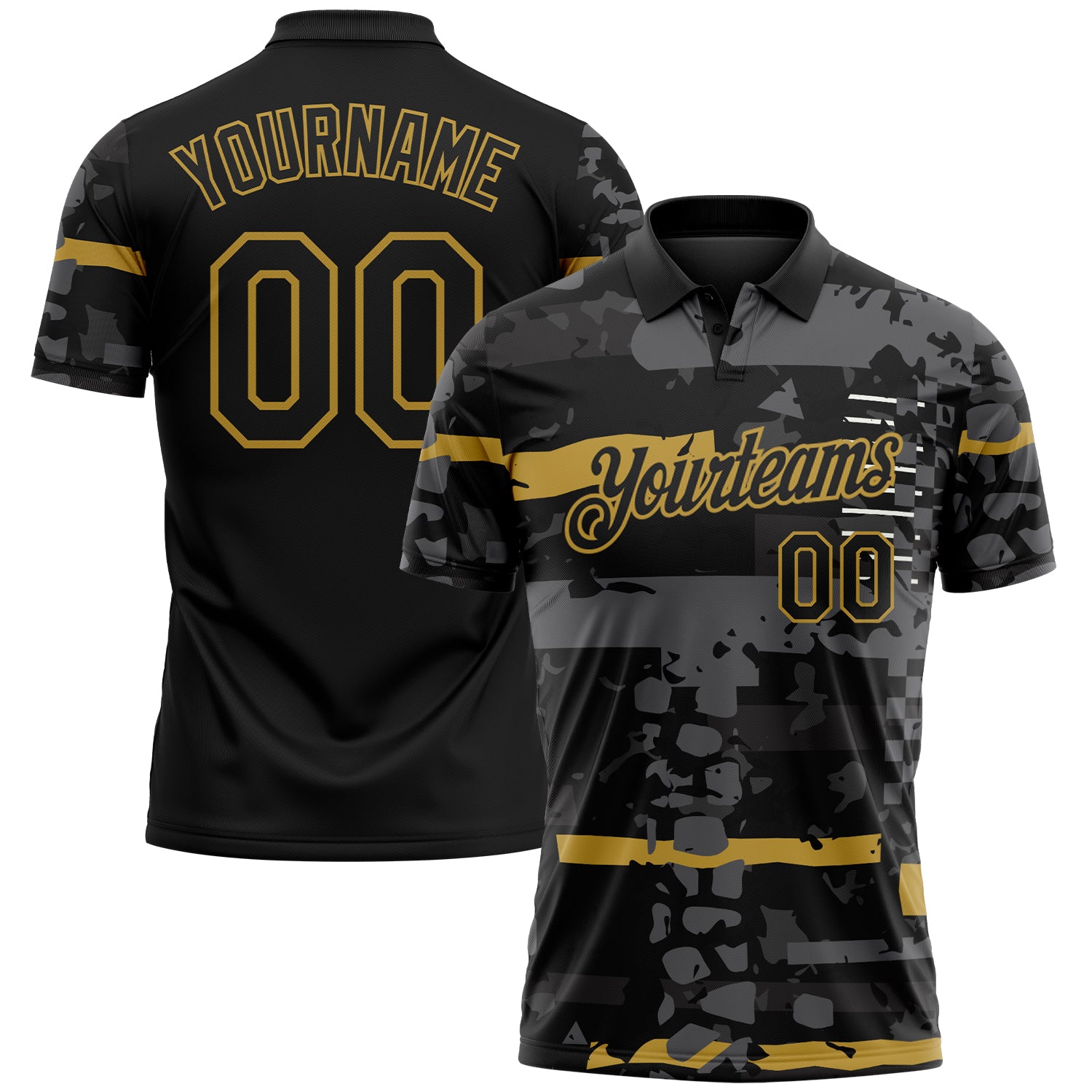 Custom Black-Old Gold Abstract Geometric Grunge Fragment Performance Polo Shirt