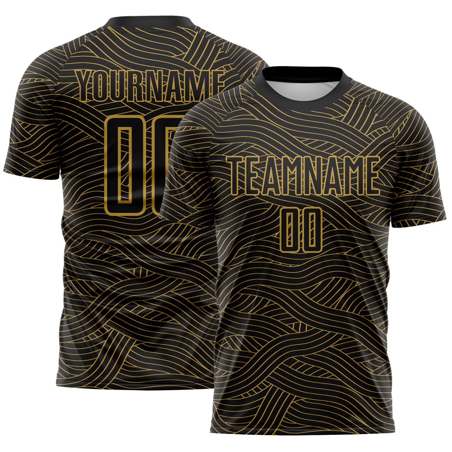 Custom Black-Old Gold Abstract Wave Lines Interlocking Sublimation Soccer Uniform Jersey