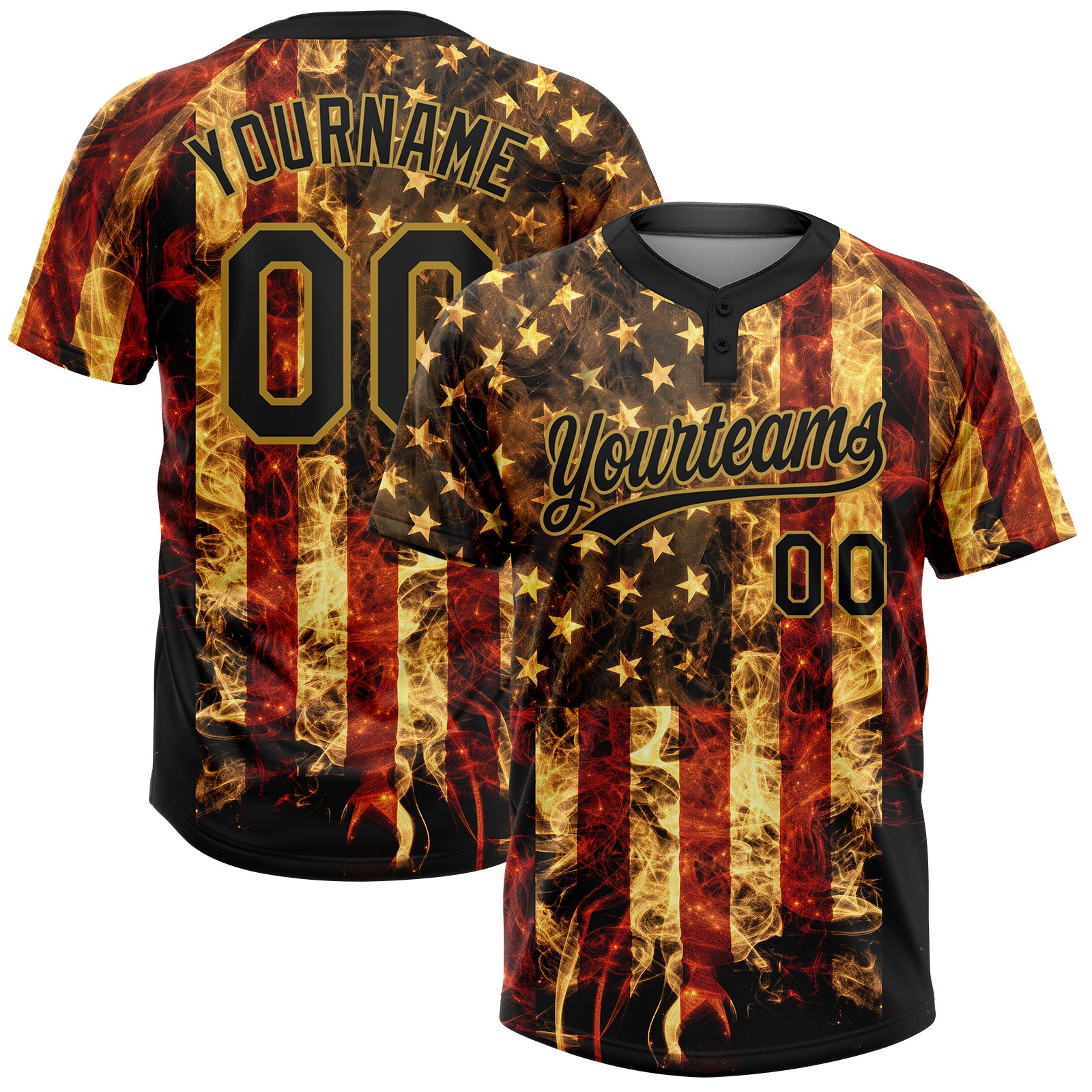 Custom Black-Old Gold American Flag Two-Button Unisex Softball Jersey