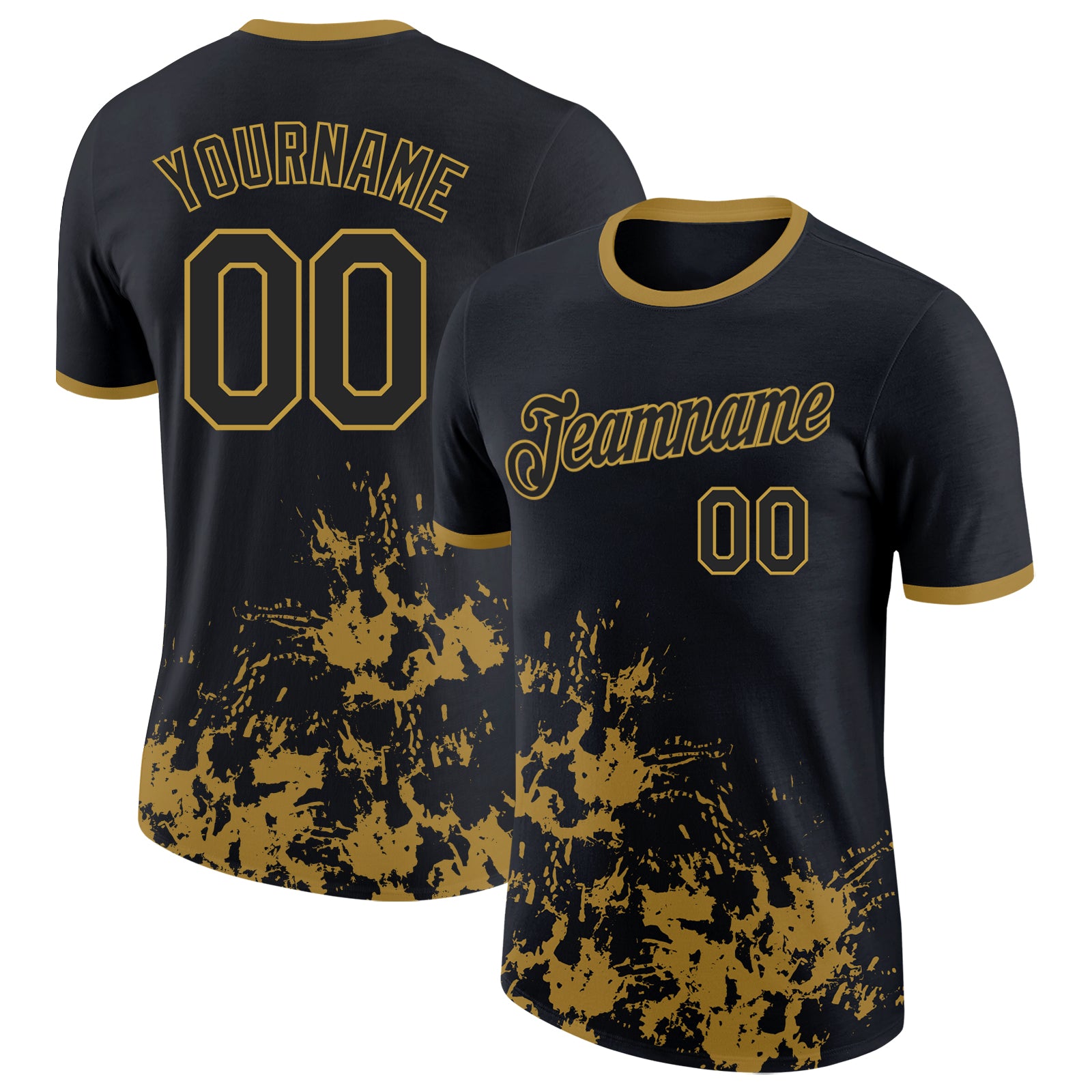 Custom Black-Old Gold Brush Stroke Splatter Performance T-Shirt