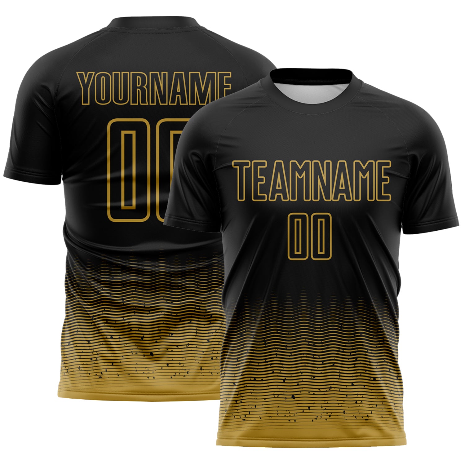 Custom Black-Old Gold Fade Wave Lines Splatter Sublimation Soccer Uniform Jersey