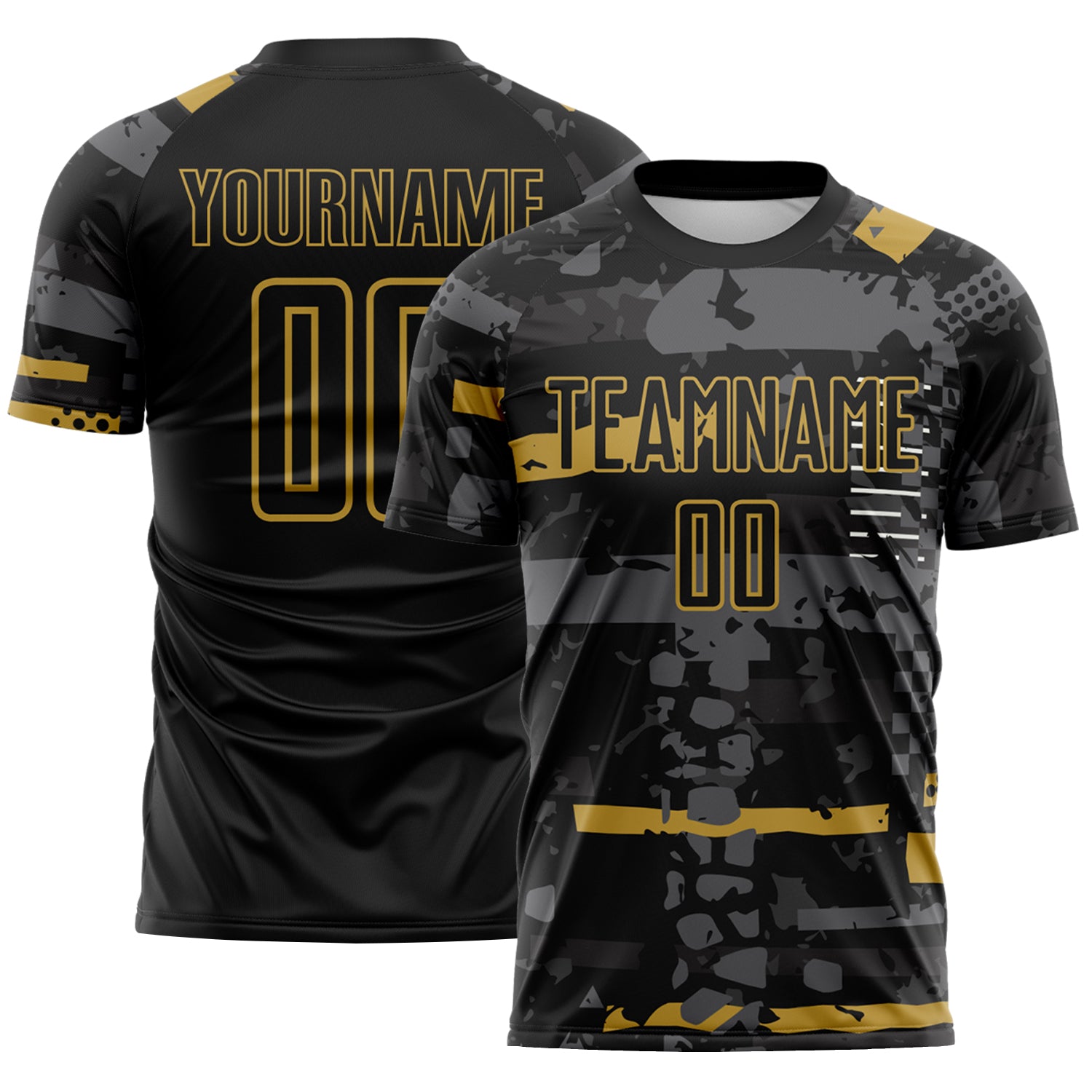 Custom Black Old Gold-Gray Abstract Geometric Stripe Fragment Sublimation Soccer Uniform Jersey