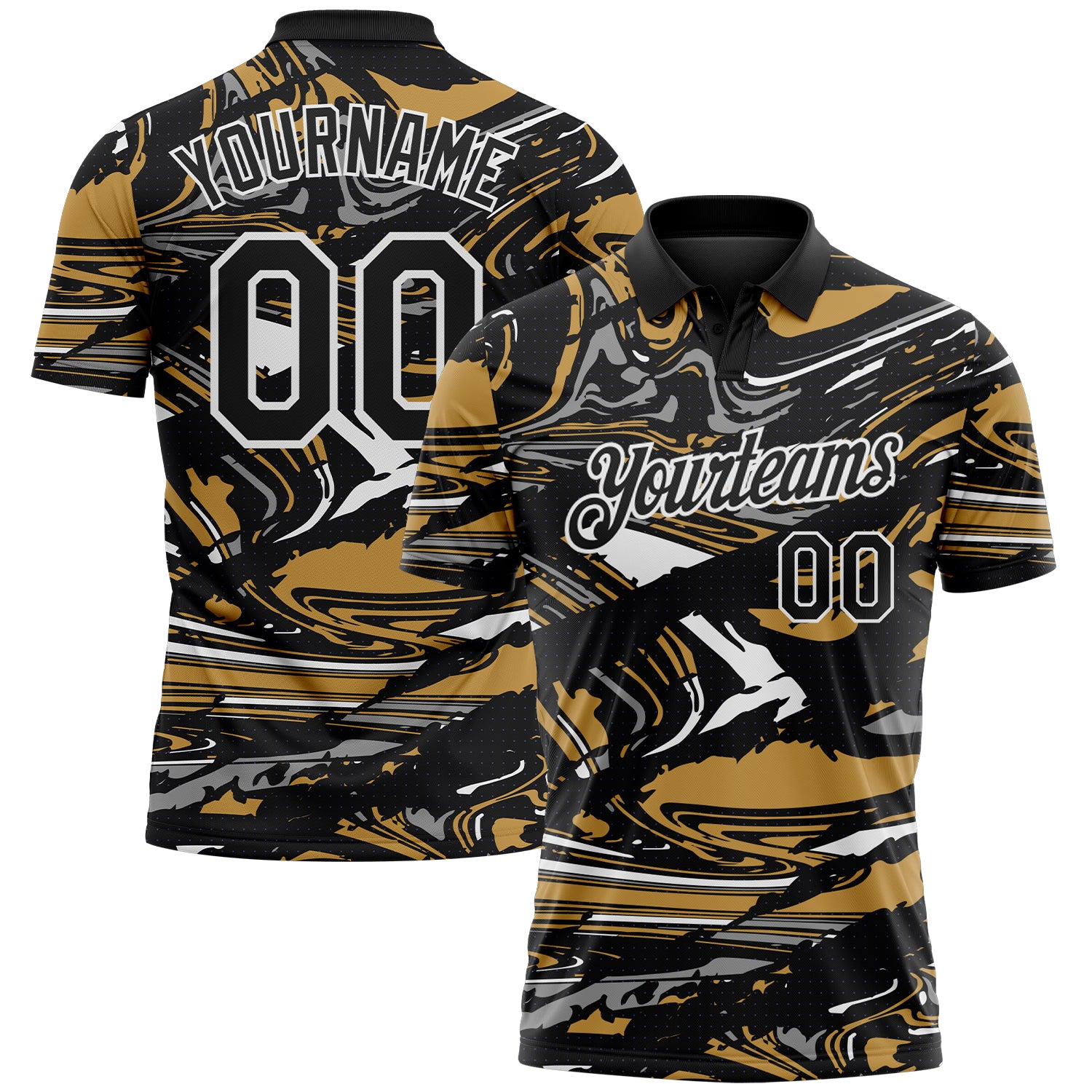 Custom Black Old Gold Gray-White 3D Pattern Abstract Fluid Marble Performance Polo Shirt