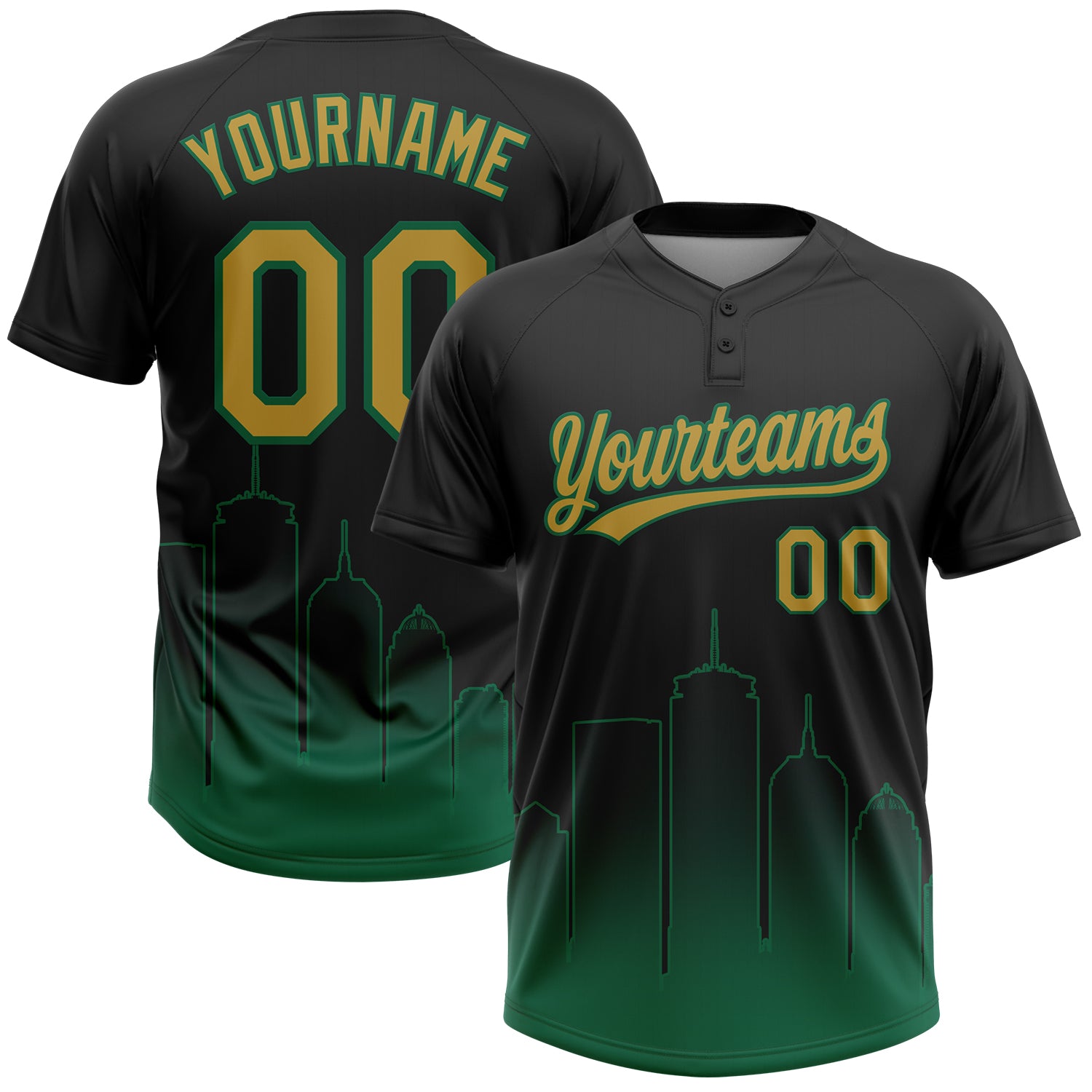 Custom Black Old Gold-Kelly Green Boston City Edition Gradient Two-Button Unisex Softball Jersey