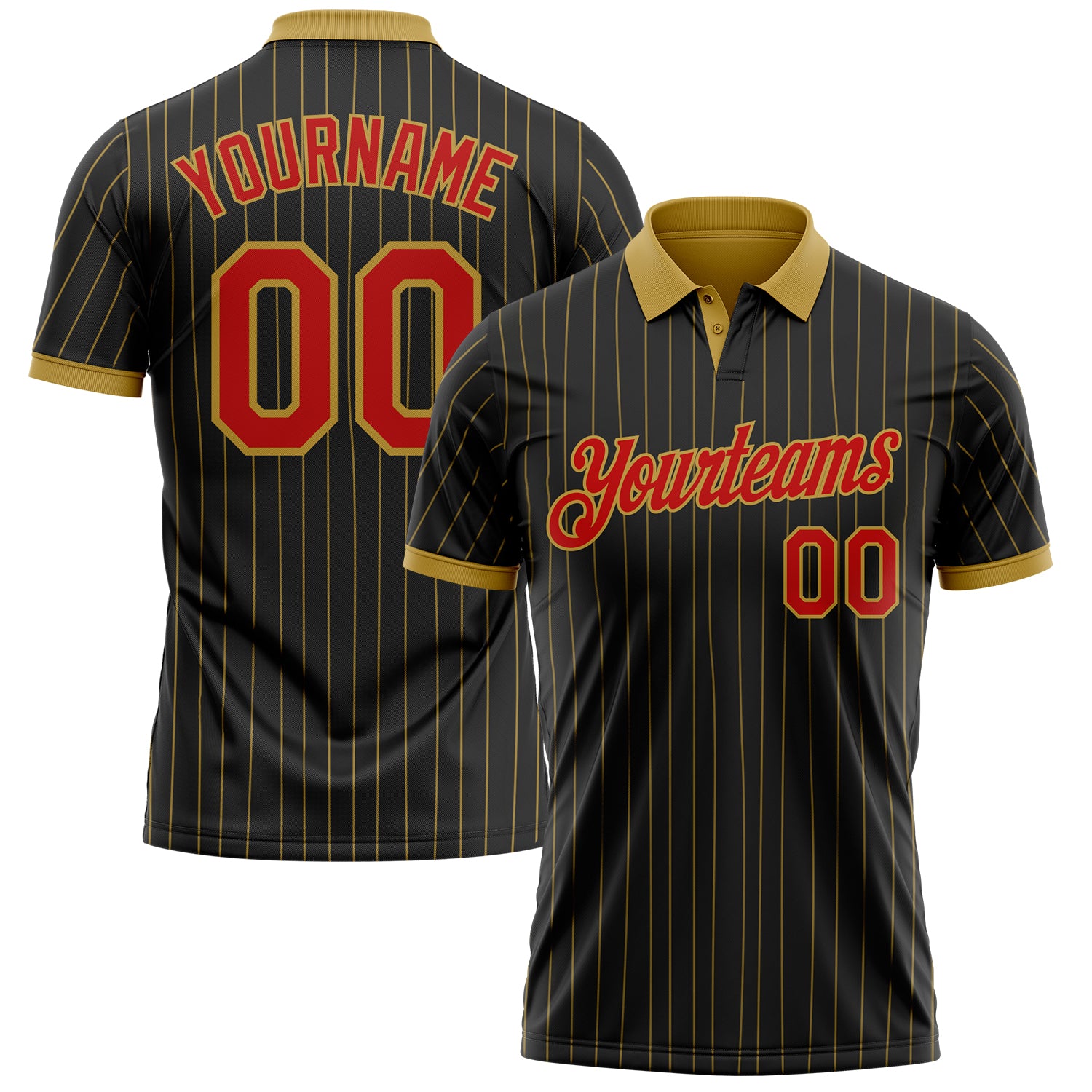 Custom Black Old Gold Pinstripe-Red Performance Polo Shirt