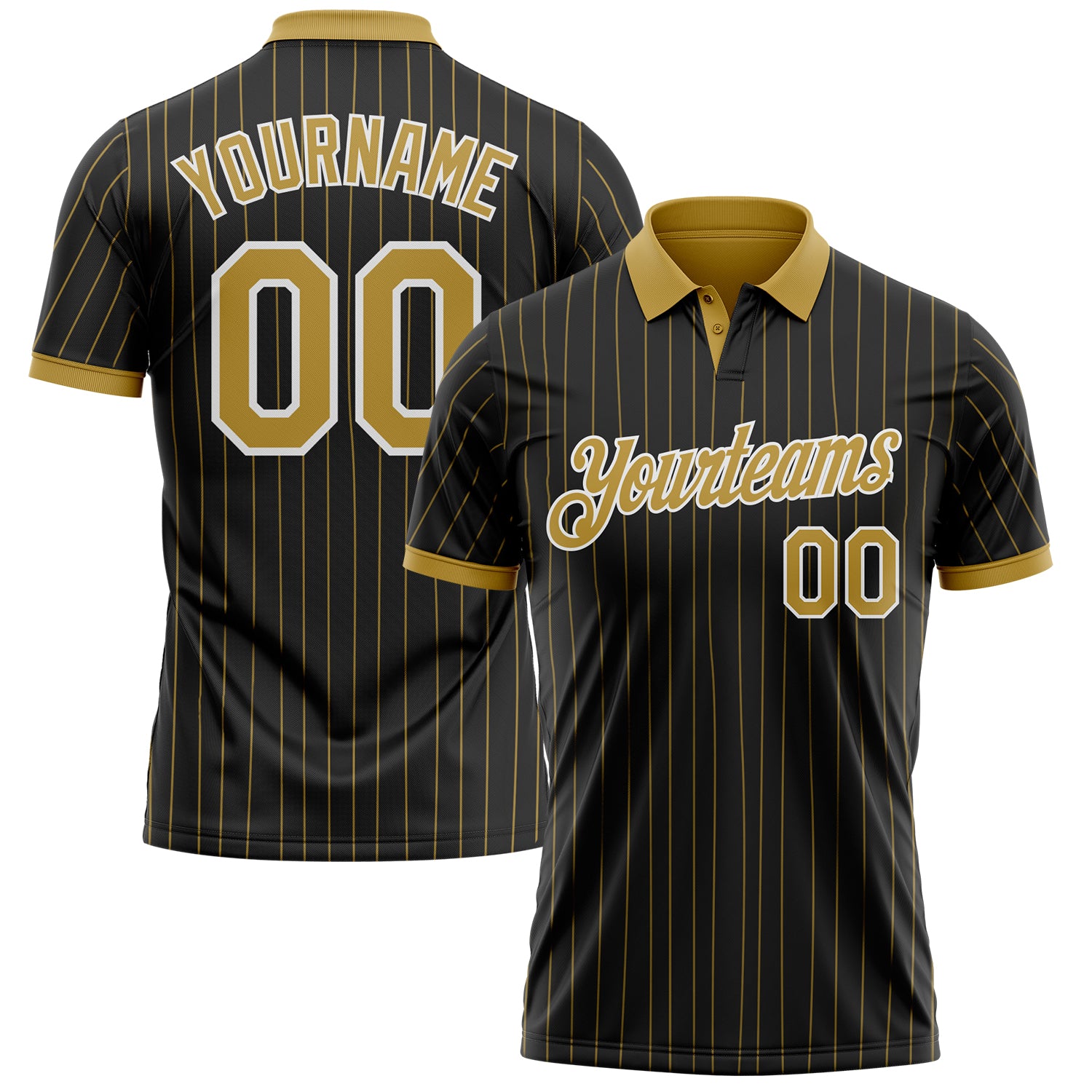 Custom Black Old Gold Pinstripe-White Performance Polo Shirt