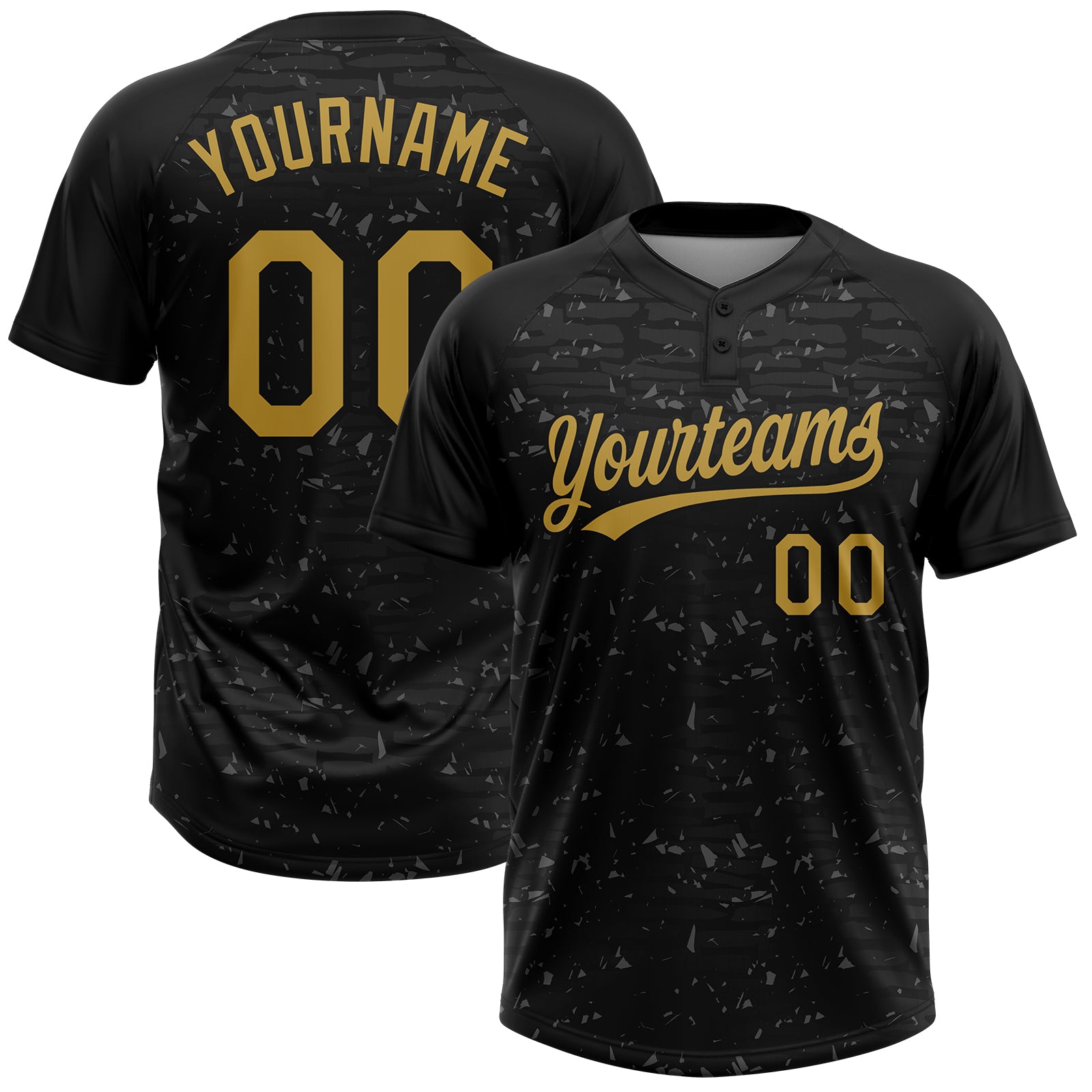 Custom Black-Old Gold Raglan Sleeves Distressed Fragment Brush Stroke Two-Button Unisex Softball Jersey