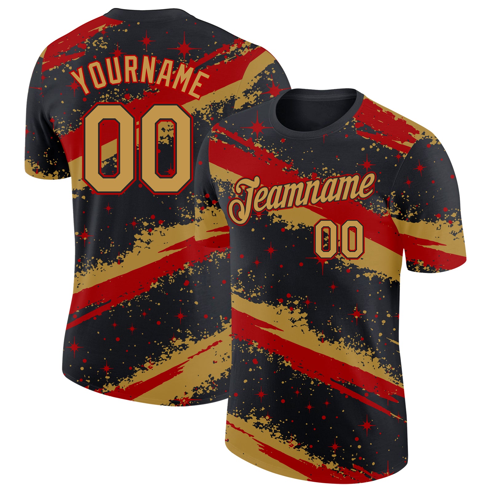 Custom Black Old Gold-Red Brush Stroke Splatter Starburst Performance T-Shirt