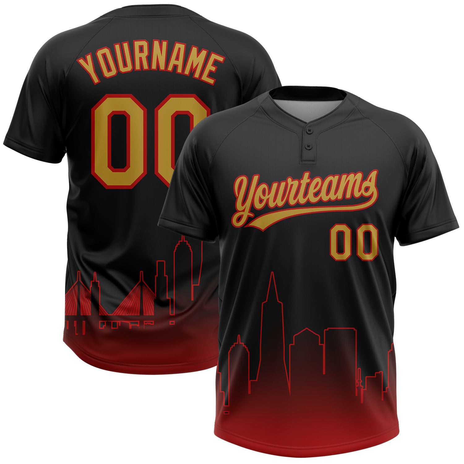 Custom Black Old Gold-Red San Francisco City Edition Gradient Two-Button Unisex Softball Jersey