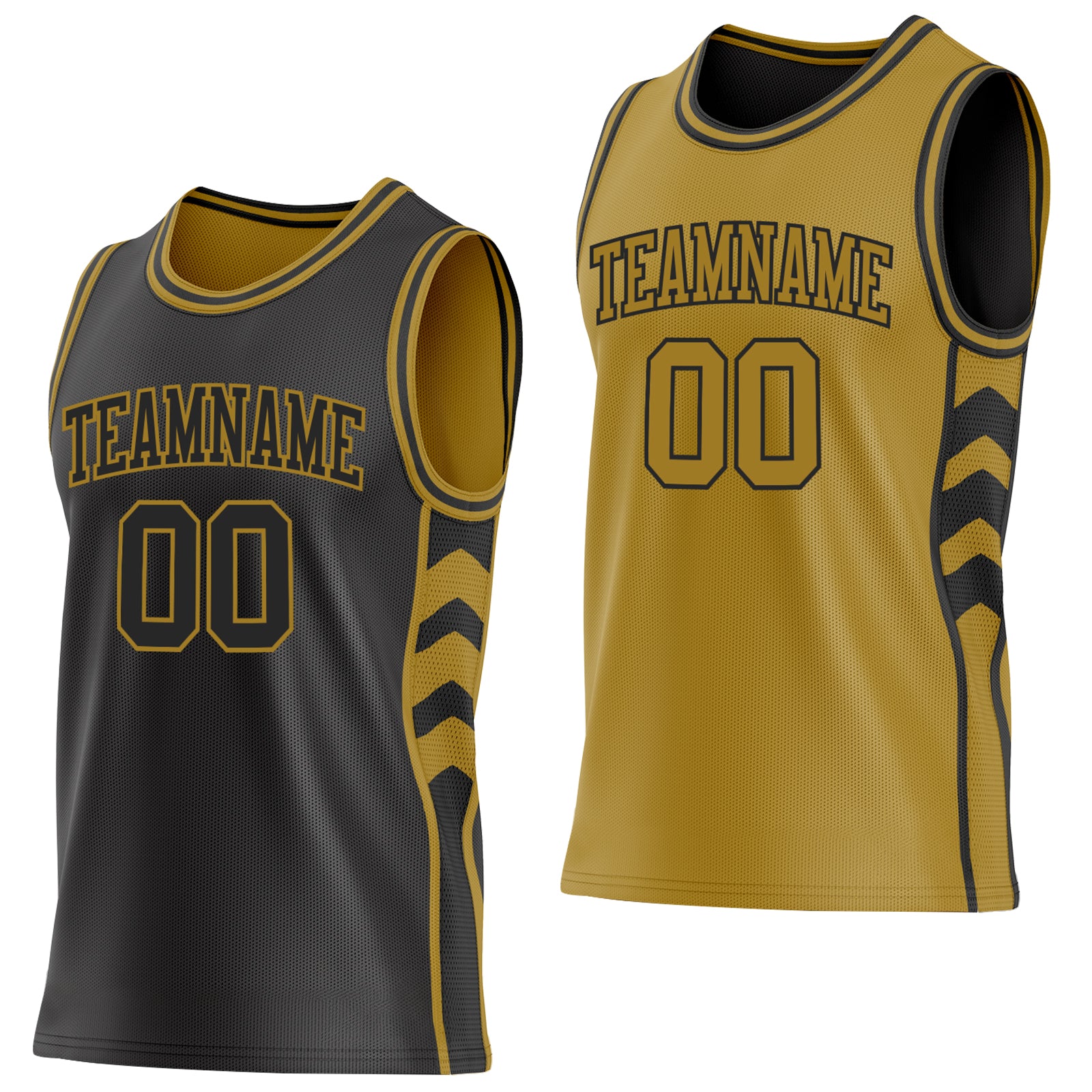Custom Black-Old Gold Side Panel Geometric Chevron Reversible Double Side Sublimation Basketball Set Jersey