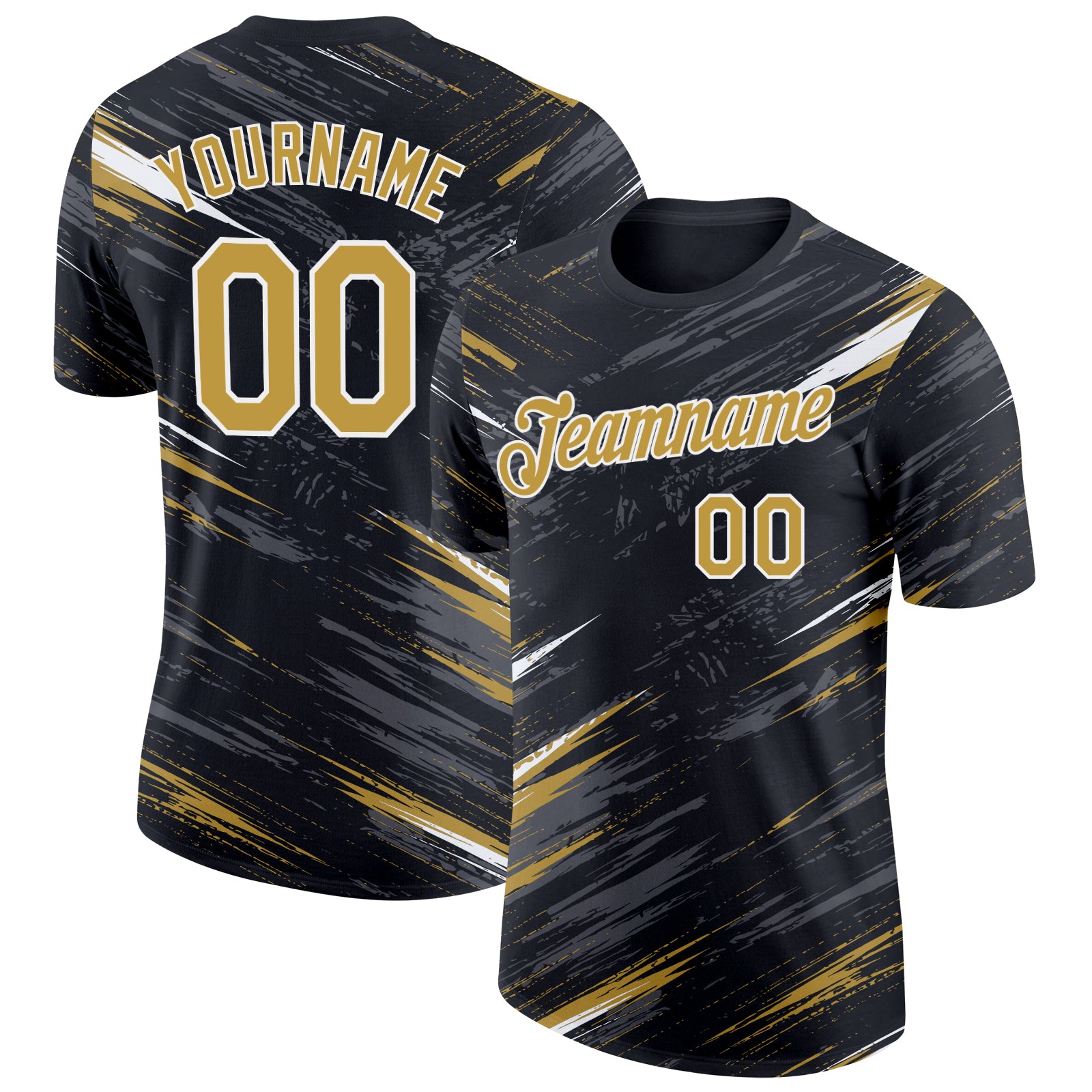 Custom Black Old Gold Steel Gray-White Abstract Brush Stroke Splatter Performance T-Shirt