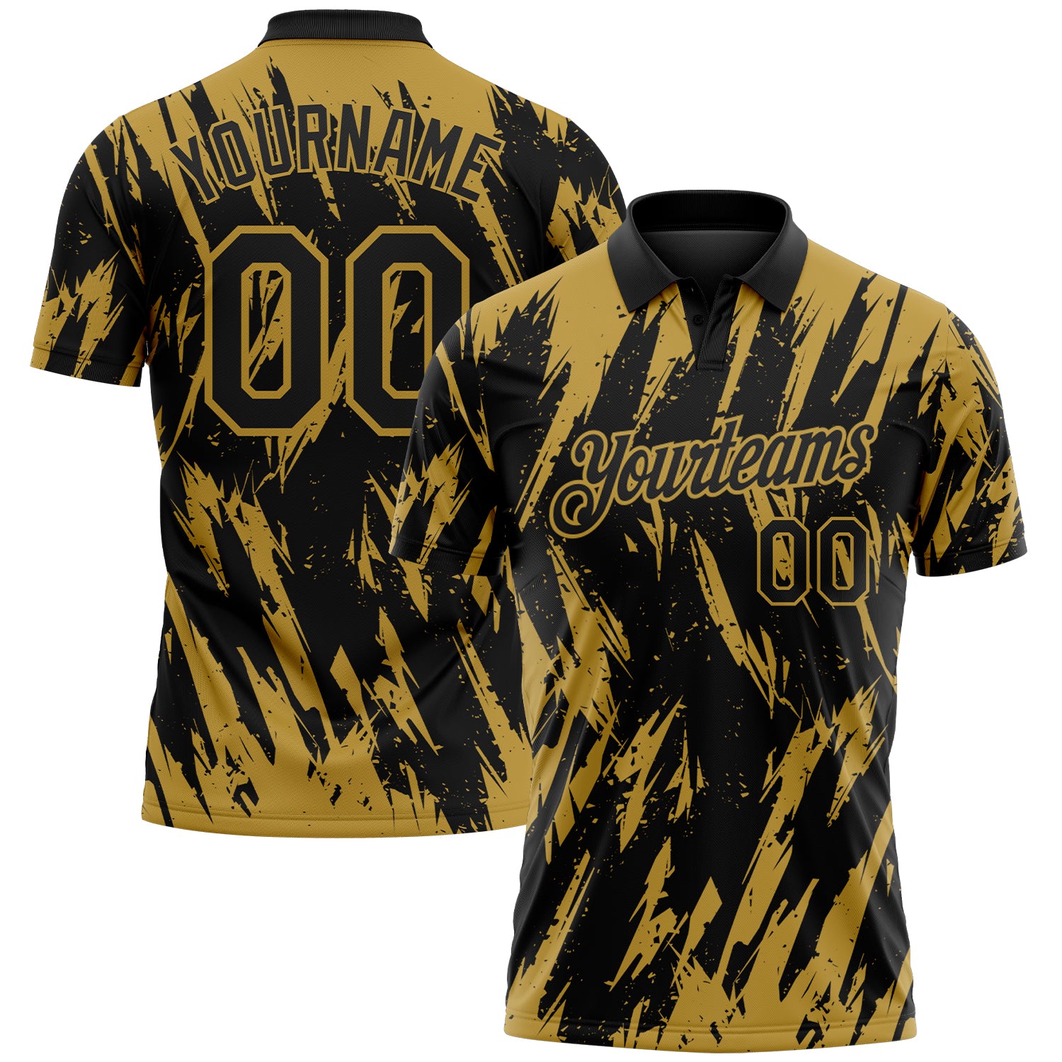 Custom Black-Old Gold Torn Sharp Brush Stroke Splatter Performance Polo Shirt