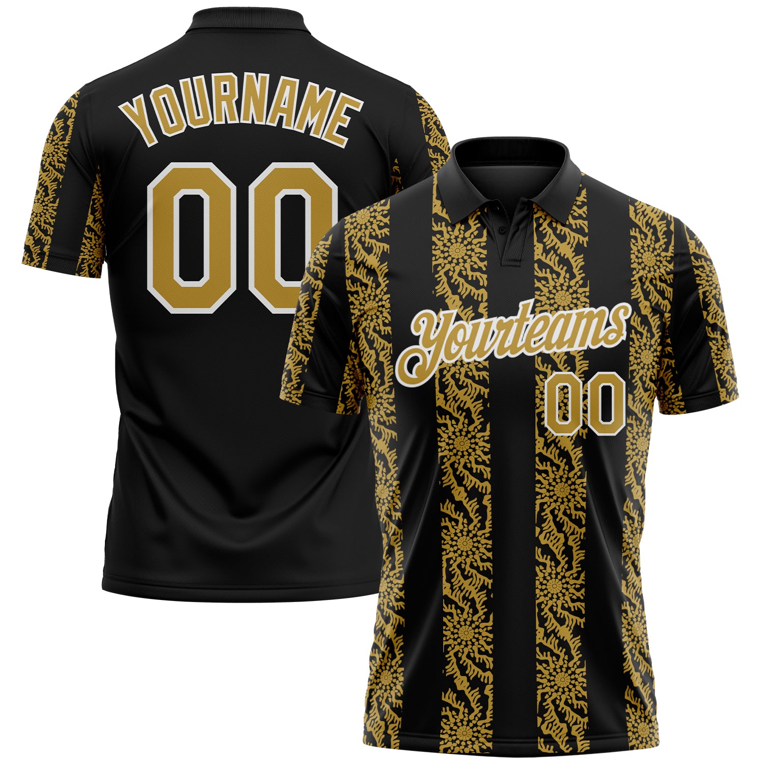Custom Black Old Gold-White 3D Pattern Abstract Floral Stripe Tribal Performance Polo Shirt