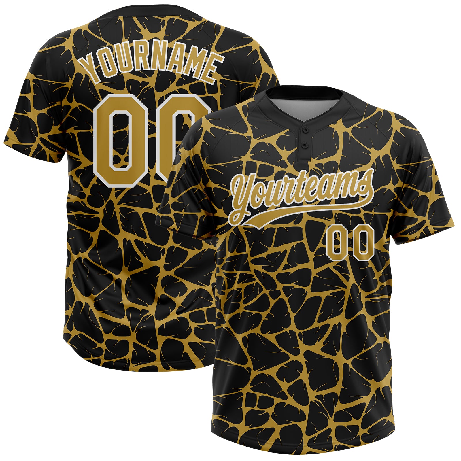 Custom Black Old Gold-White 3D Pattern Design Abstract Network Crackle Two-Button Unisex Softball Jersey