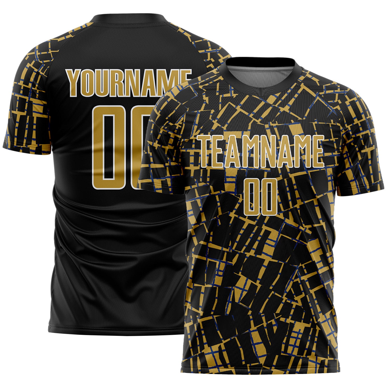 Custom Black Old Gold-White Abstract Line Sports Sublimation Soccer Uniform Jersey