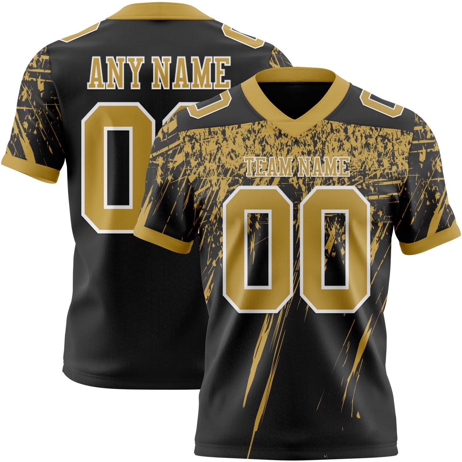 Custom Black Old Gold-White Authentic Distressed Scratch Brush Stroke Football Jersey