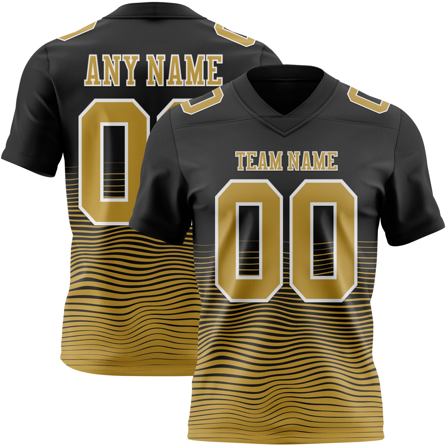 Custom Black Old Gold-White Authentic Fluid Wave Line Fade 7V7 Flag Football Jersey