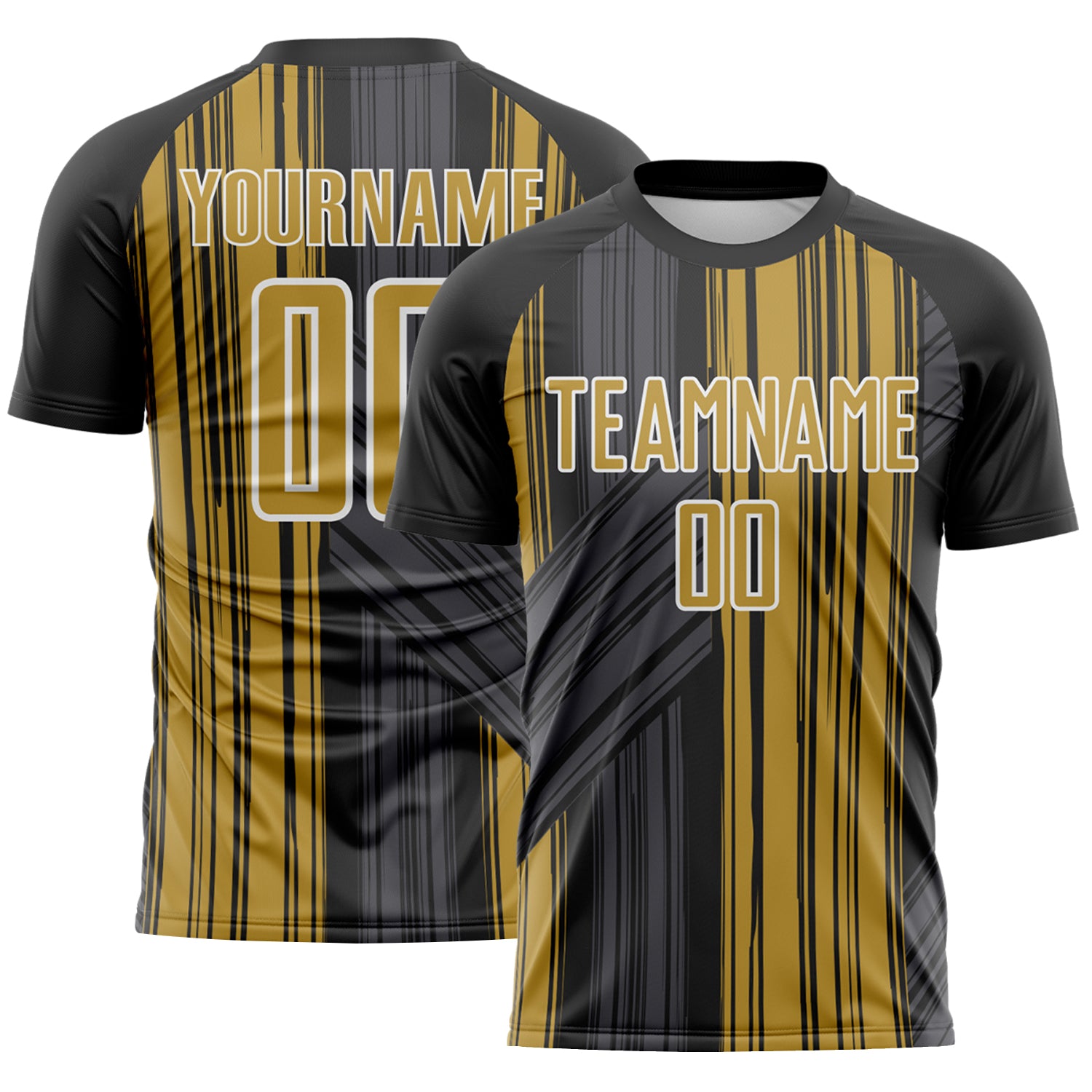 Custom Black Old Gold-White Brush Stroke Fluid Stripes Sublimation Soccer Uniform Jersey