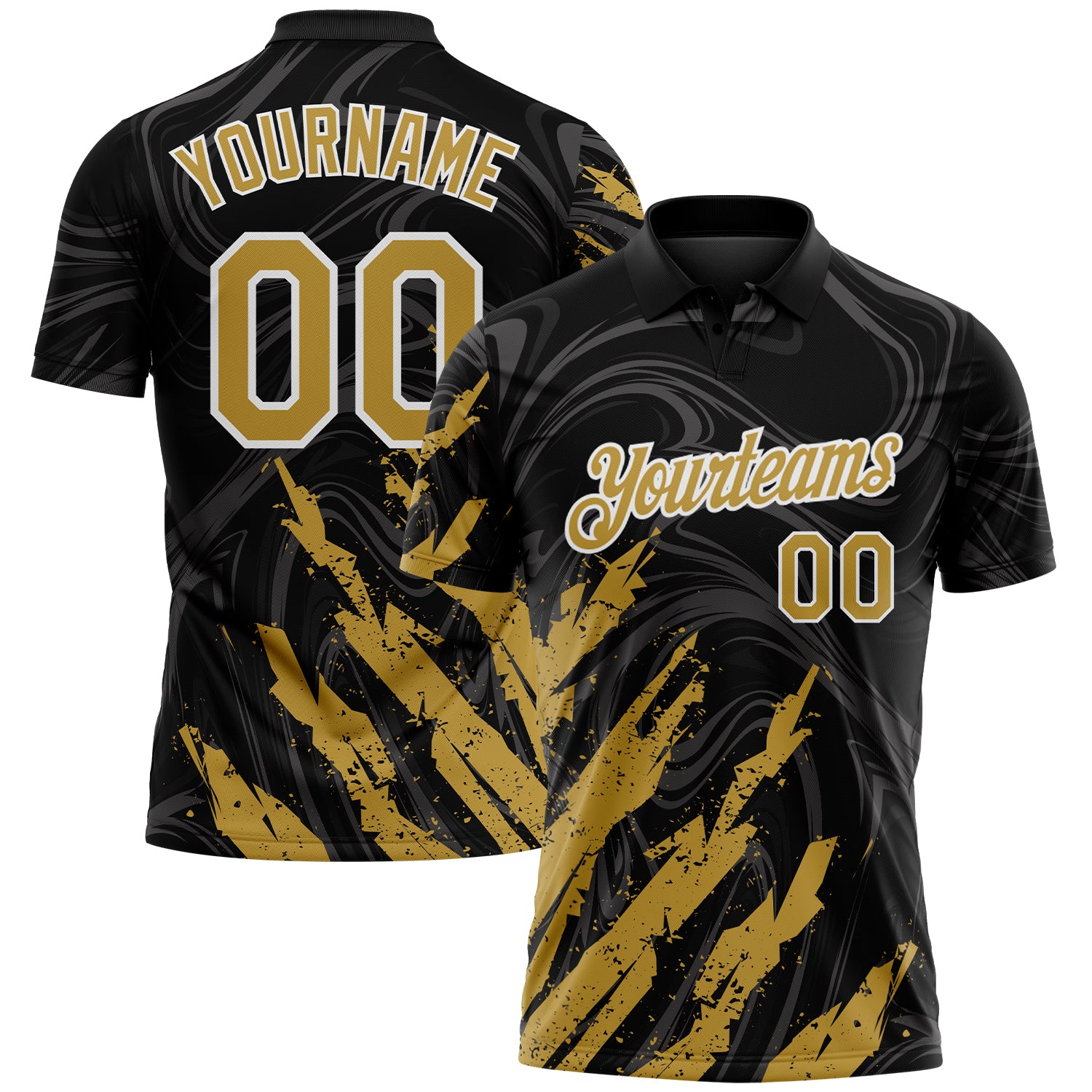 Custom Black Old Gold-White Brush Stroke Splatter Liquid Swirl Performance Polo Shirt