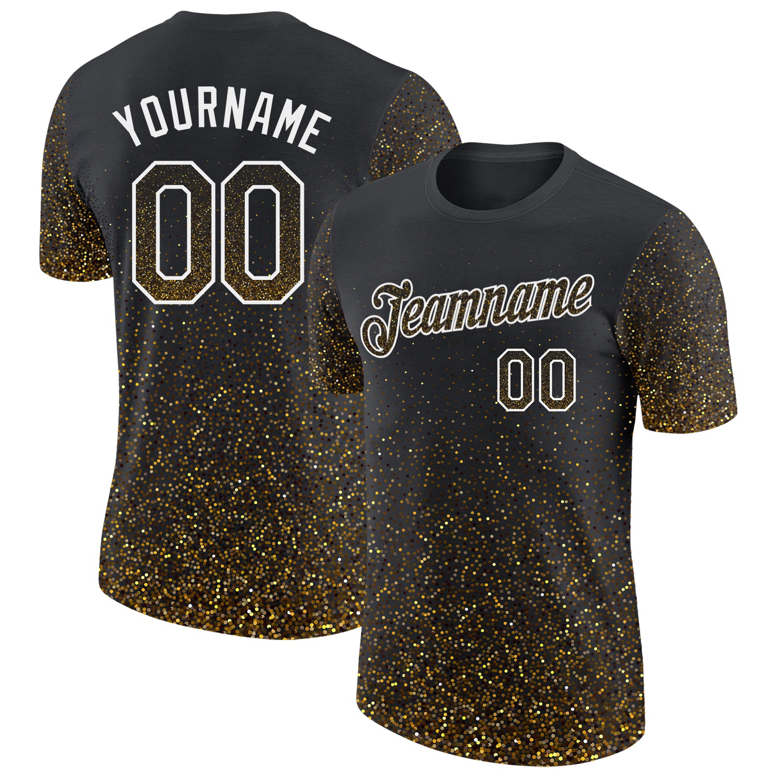 Custom Black Old Gold-White Colorful Sparkle Gradient Dots Performance T-Shirt