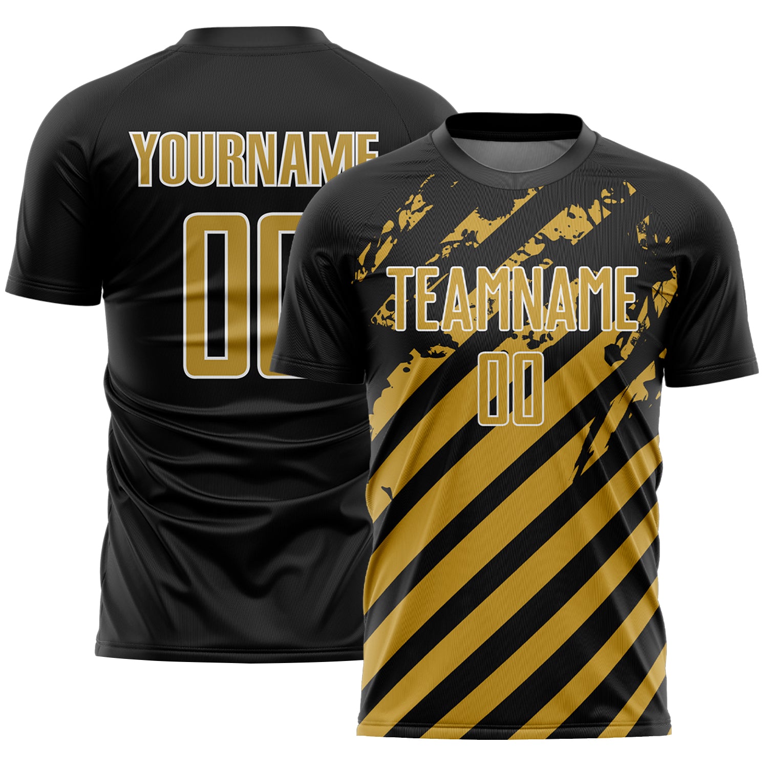 Custom Black Old Gold-White Distressed Diagonal Stripe Pattern Sports Sublimation Soccer Uniform Jersey