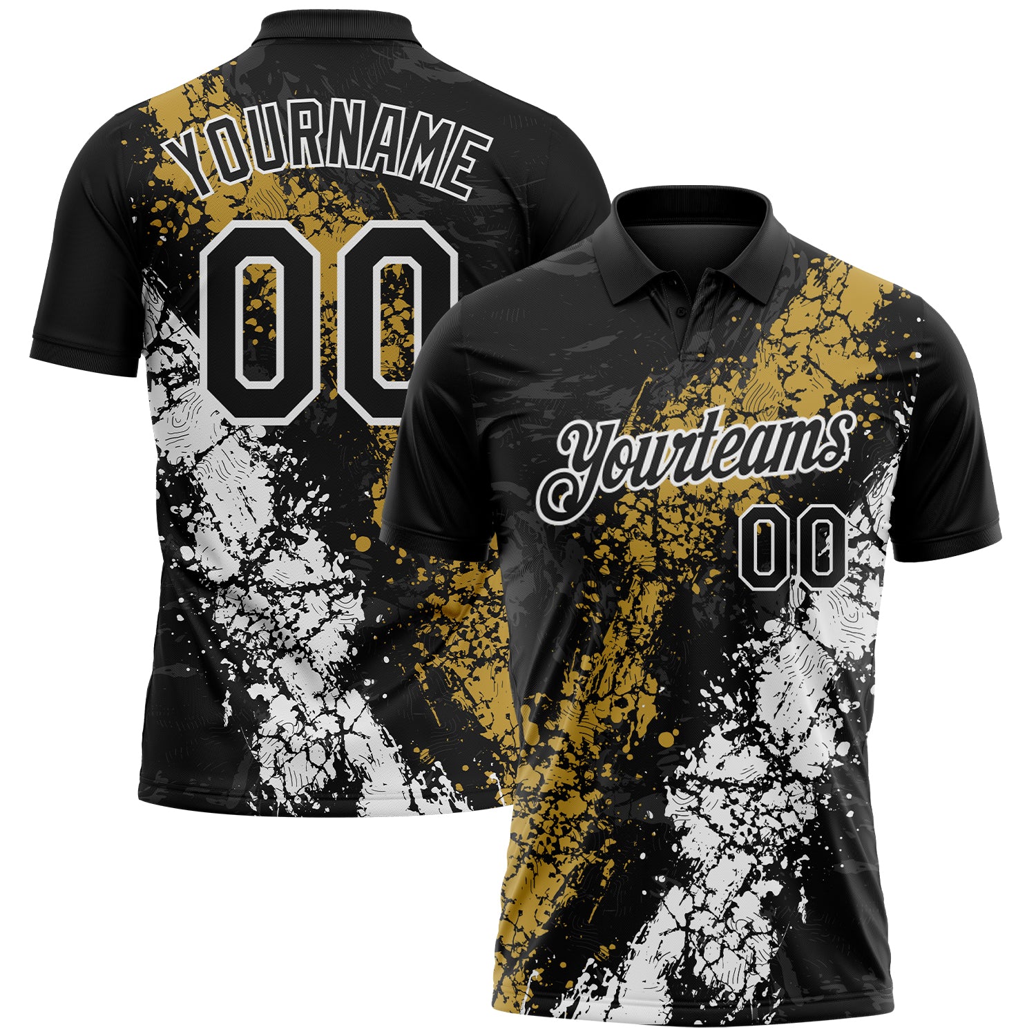 Custom Black Old Gold-White Dripping Splatter Cracked Texture Performance Polo Shirt