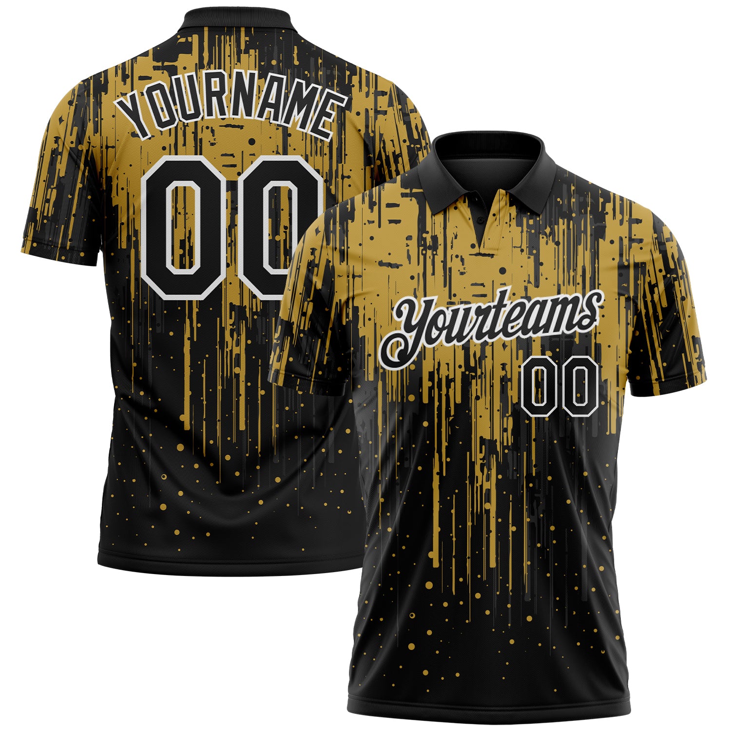 Custom Black Old Gold-White Dripping Splatter Paint Performance Polo Shirt