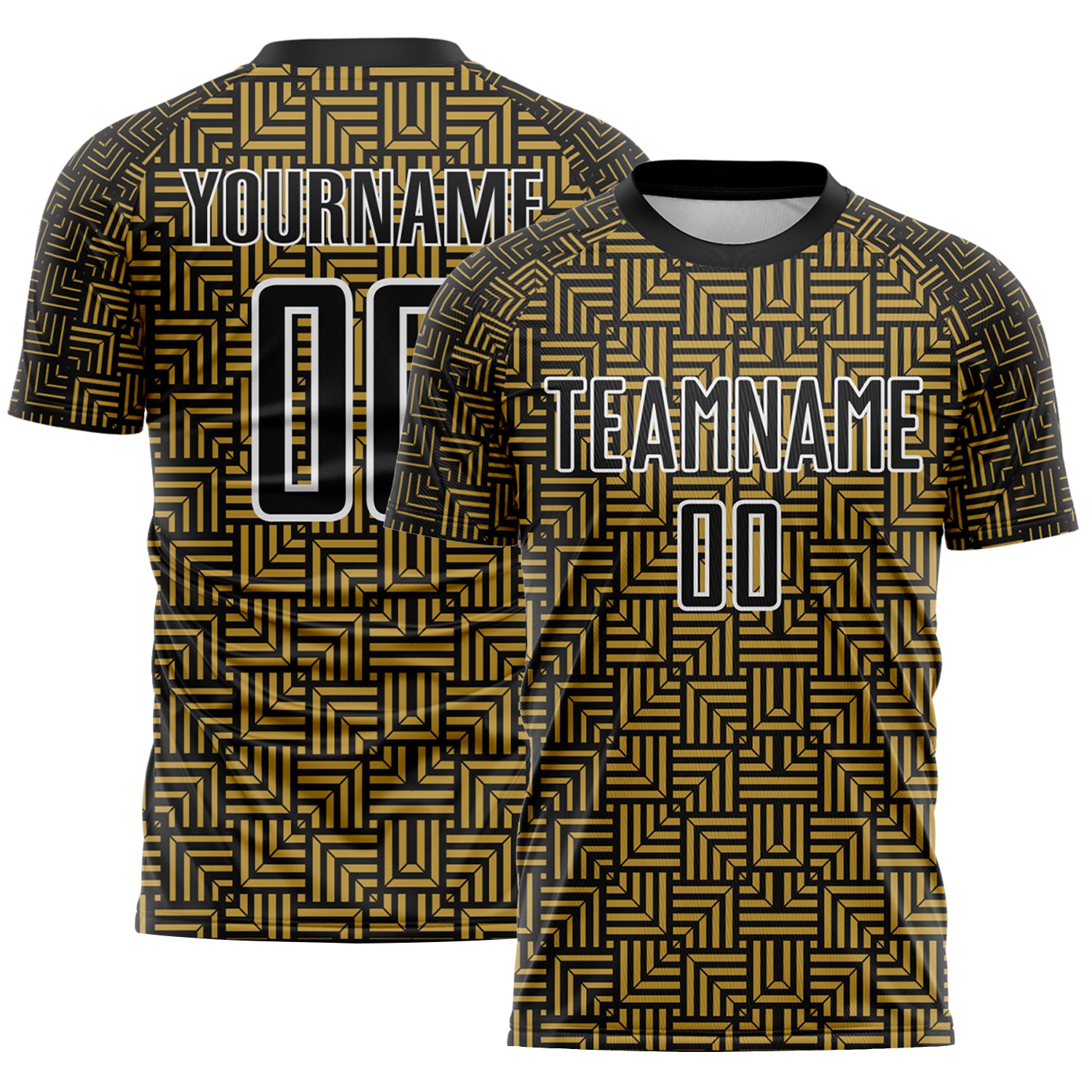 Custom Black Old Gold-White Geometric Maze Interlocking Square Sports Sublimation Soccer Uniform Jersey