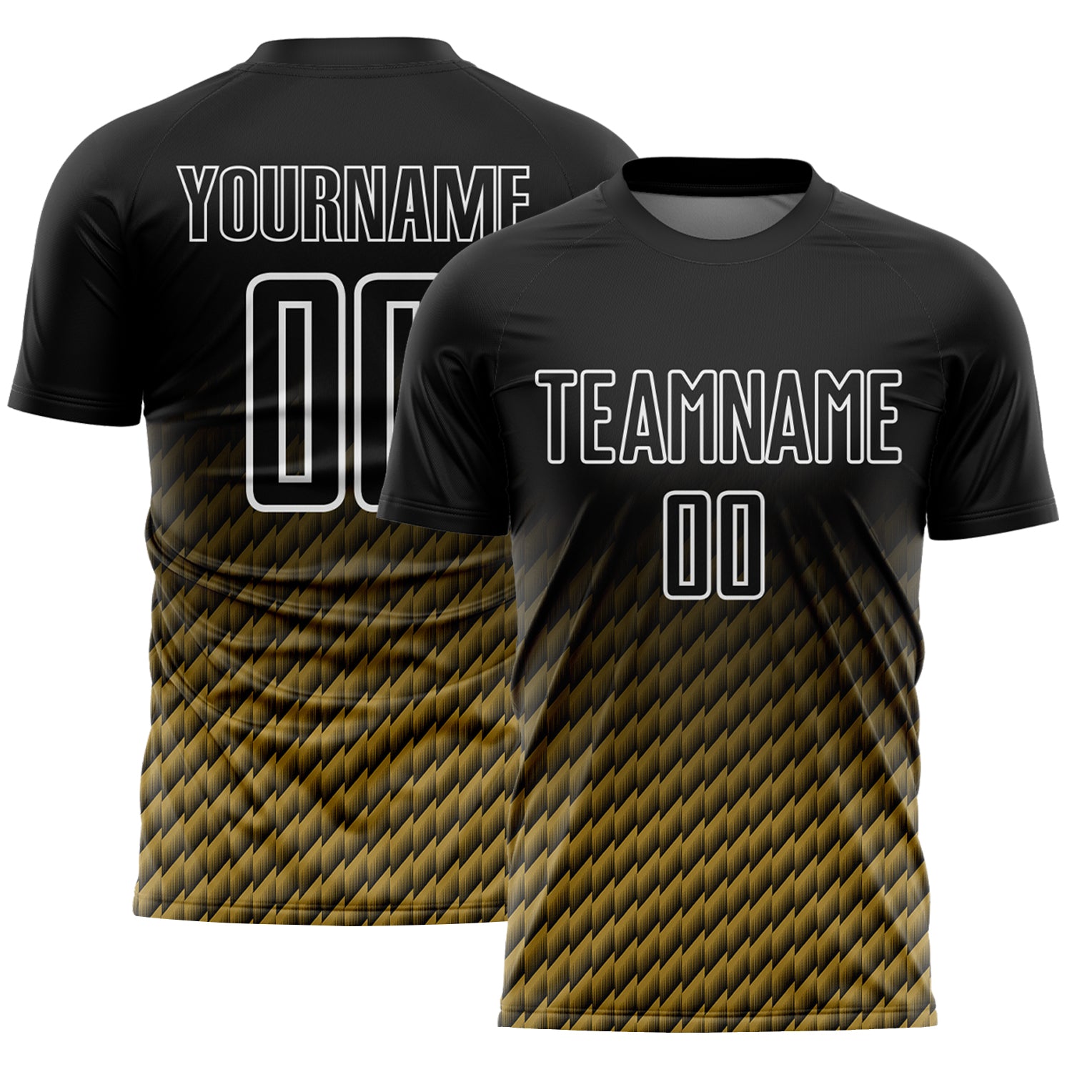Custom Black Old Gold-White Geometric Wave Gradient Sublimation Soccer Uniform Jersey