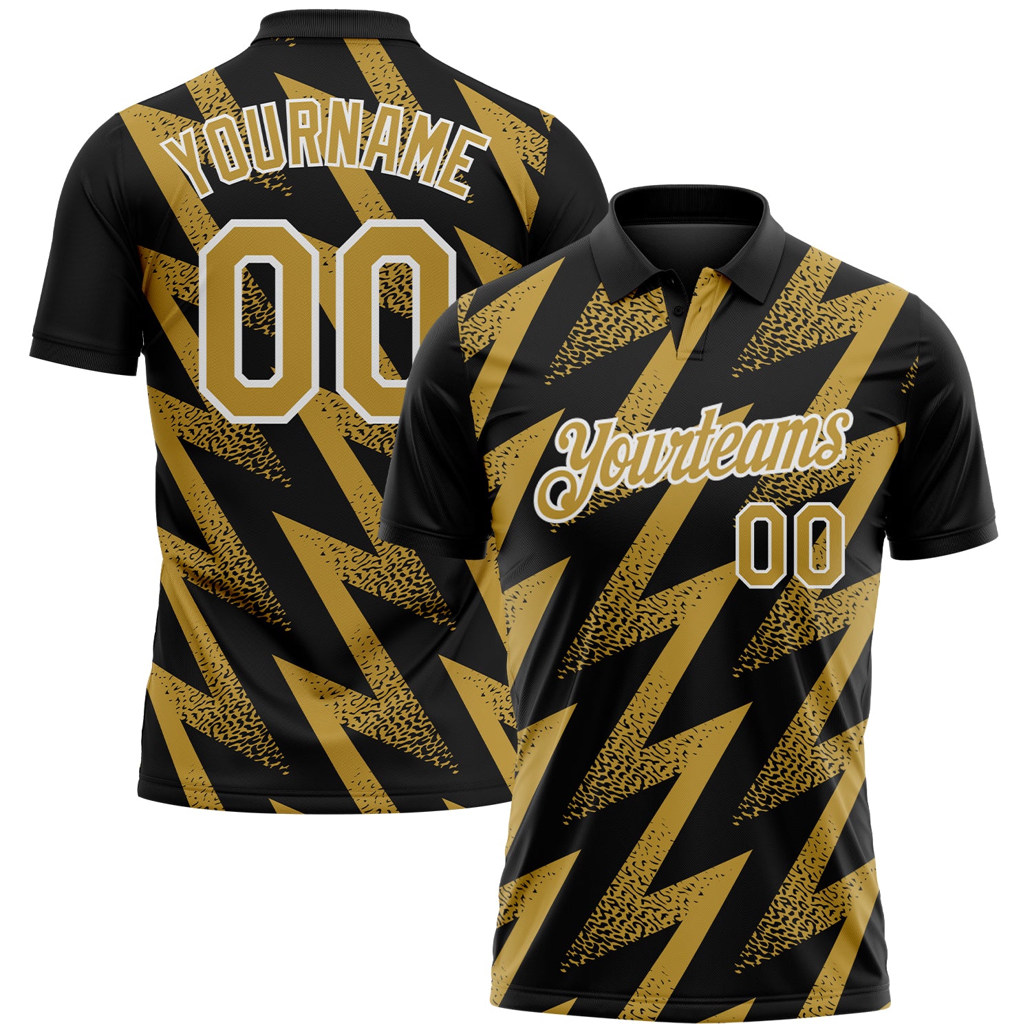 Custom Black Old Gold-White Geometric Zigzag Shape Lightning Performance Polo Shirt