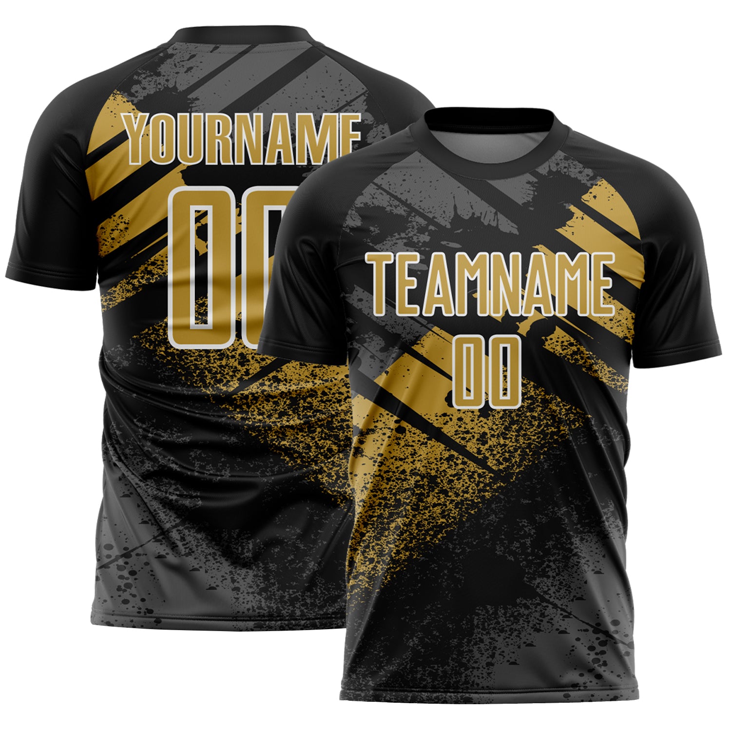 Custom Black Old Gold-White Grunge Splatter Brush Stroke Sublimation Soccer Uniform Jersey