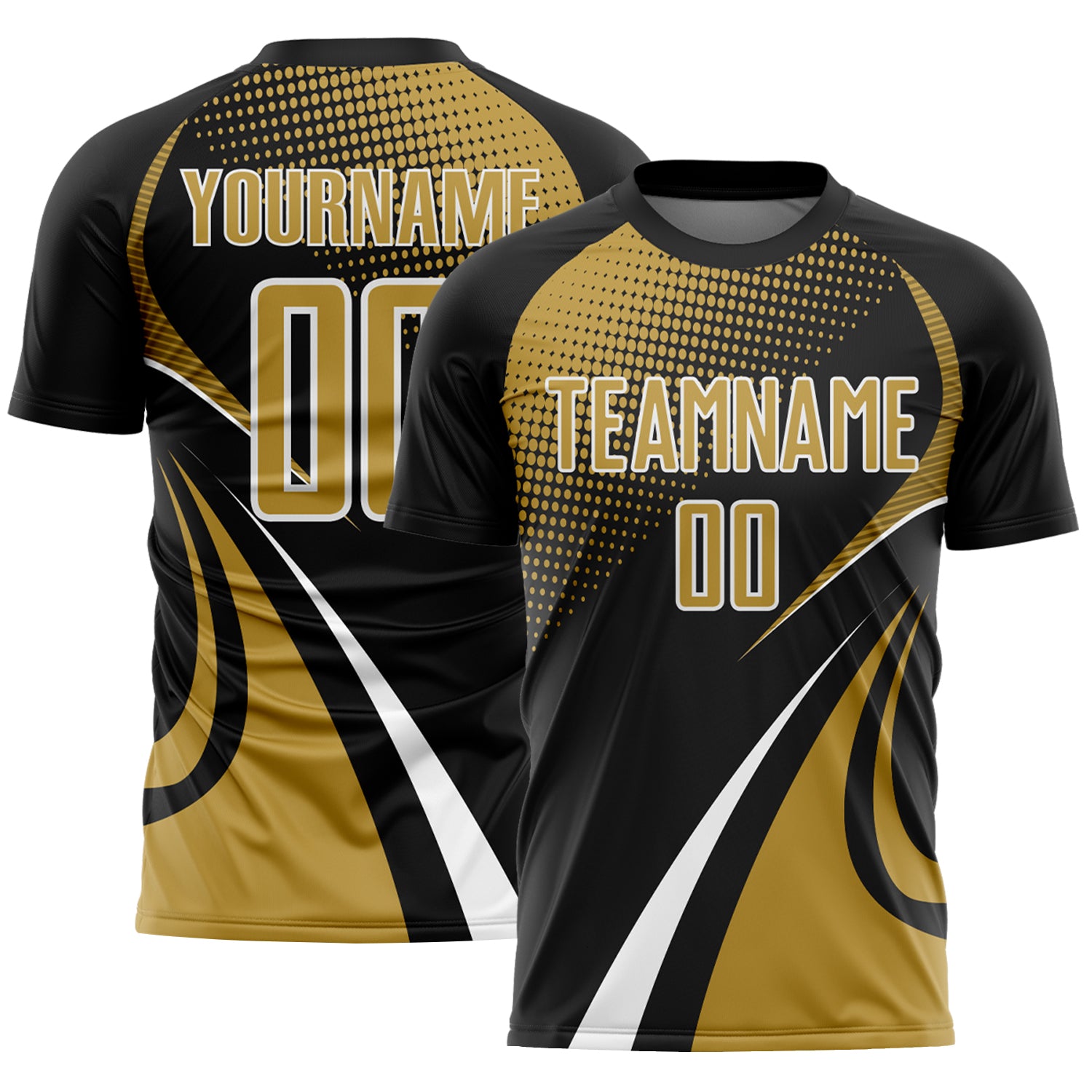 Custom Black Old Gold-White Halftone Dot Dynamic Curve Stripe Sublimation Soccer Uniform Jersey