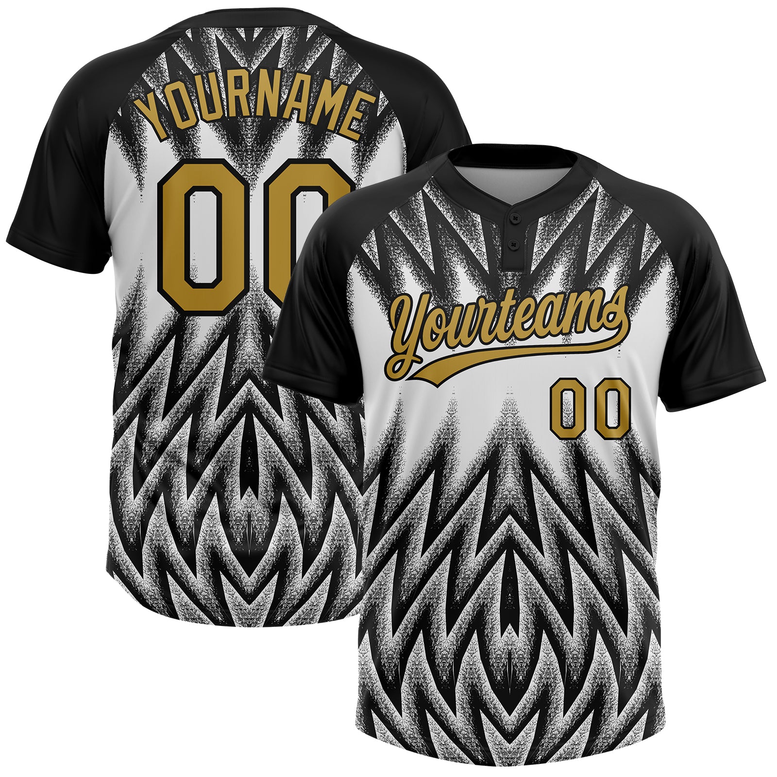 Custom Black Old Gold-White Raglan Sleeves Abstract Geometric Chevron Zigzag Two-Button Unisex Softball Jersey