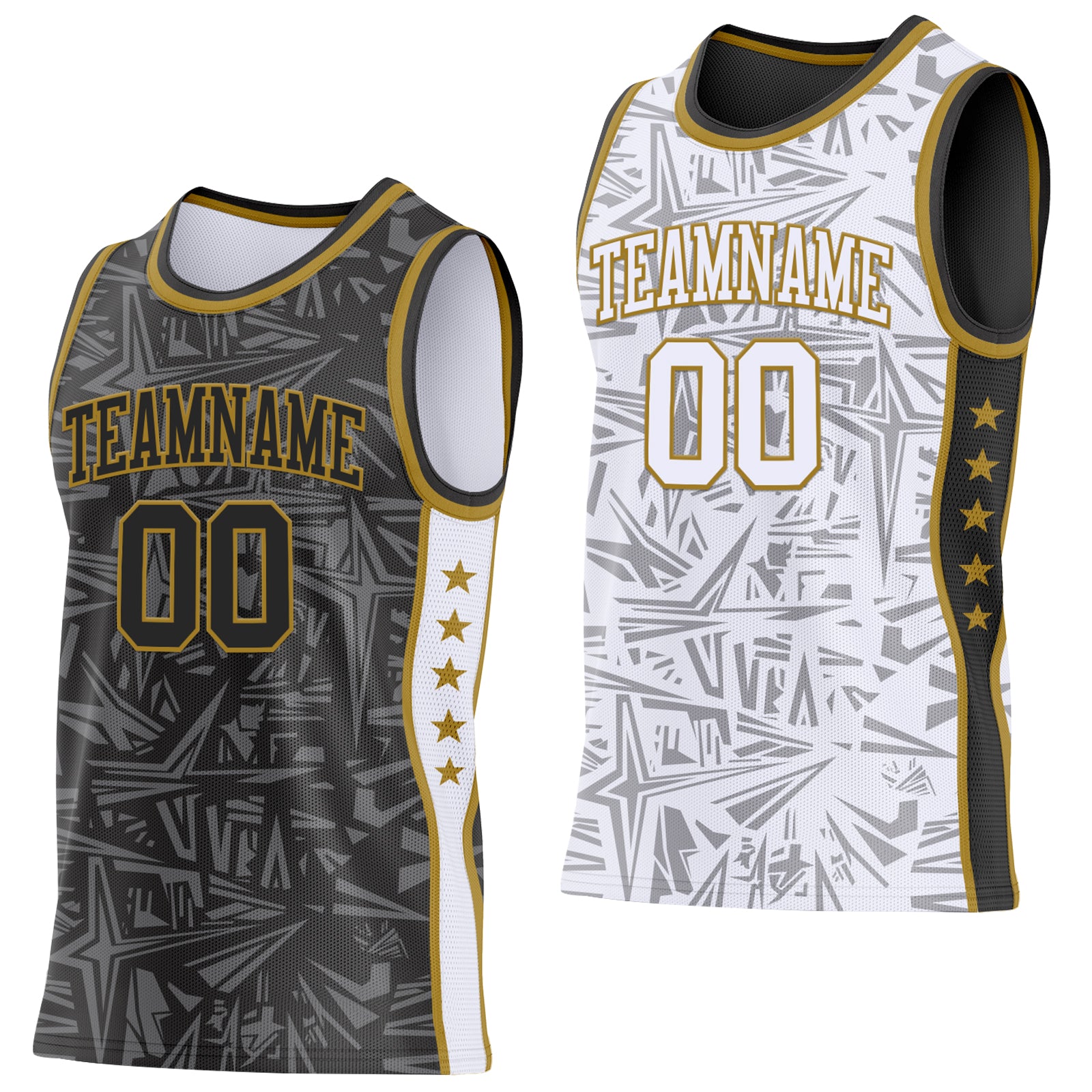 Custom Black Old Gold-White Side Panel Stripe Stars Geometric Shatter Starburst Reversible Double Side Sublimation Basketball Set Jersey