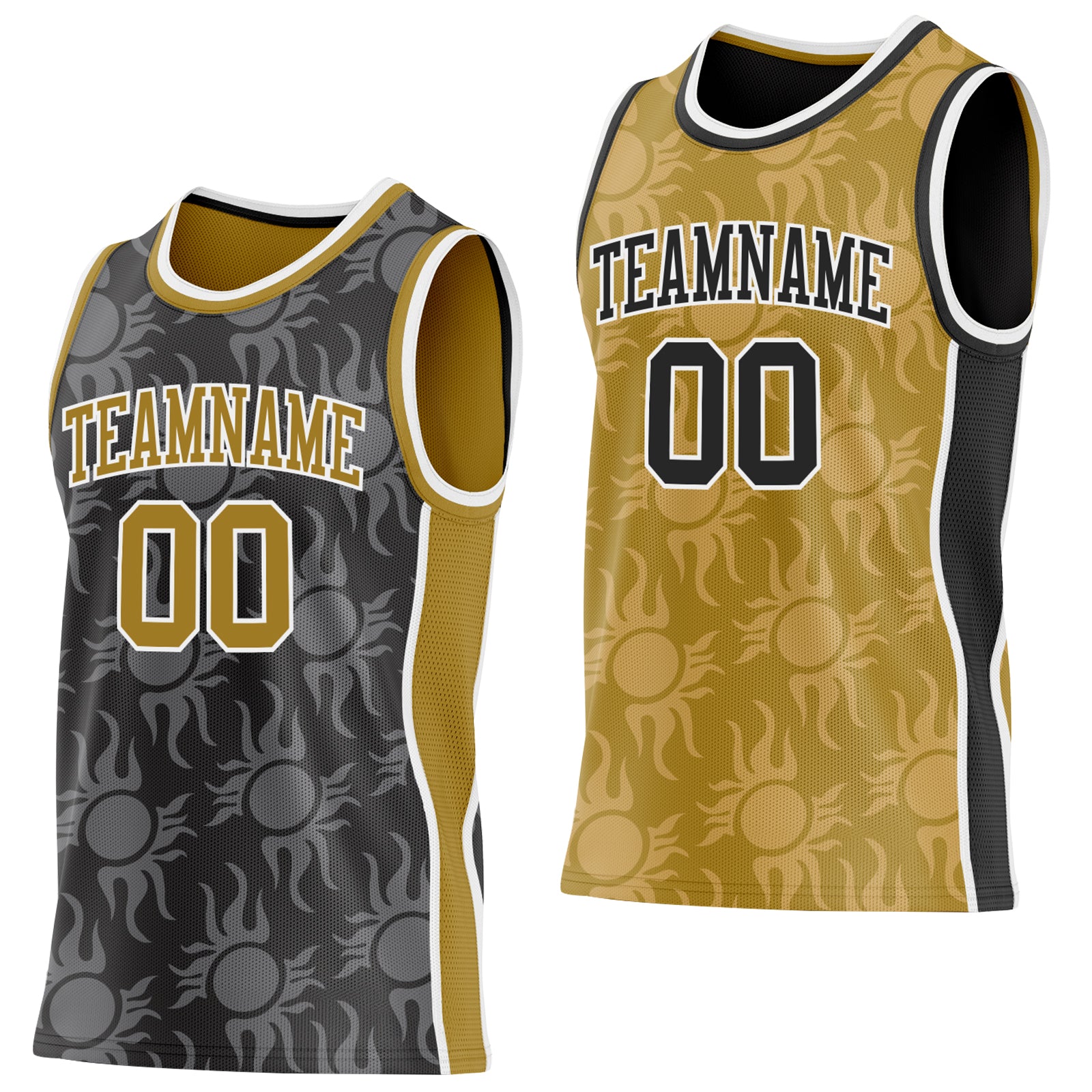 Custom Black Old Gold-White Side Panel Stripe Sun Flame Reversible Double Side Sublimation Basketball Set Jersey