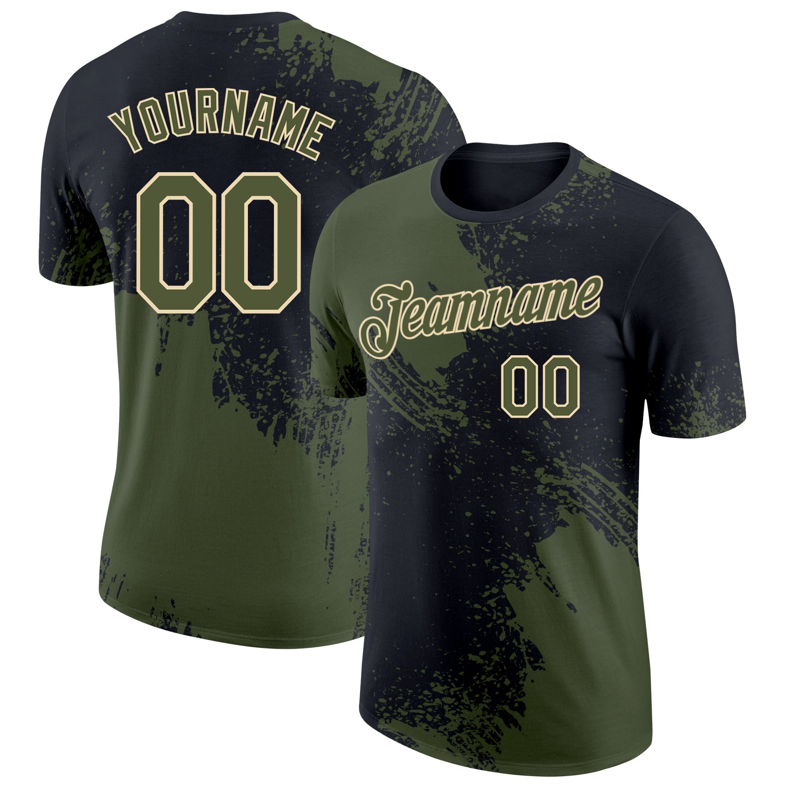 Custom Black Olive-Cream Abstract Brush Stroke Performance T-Shirt