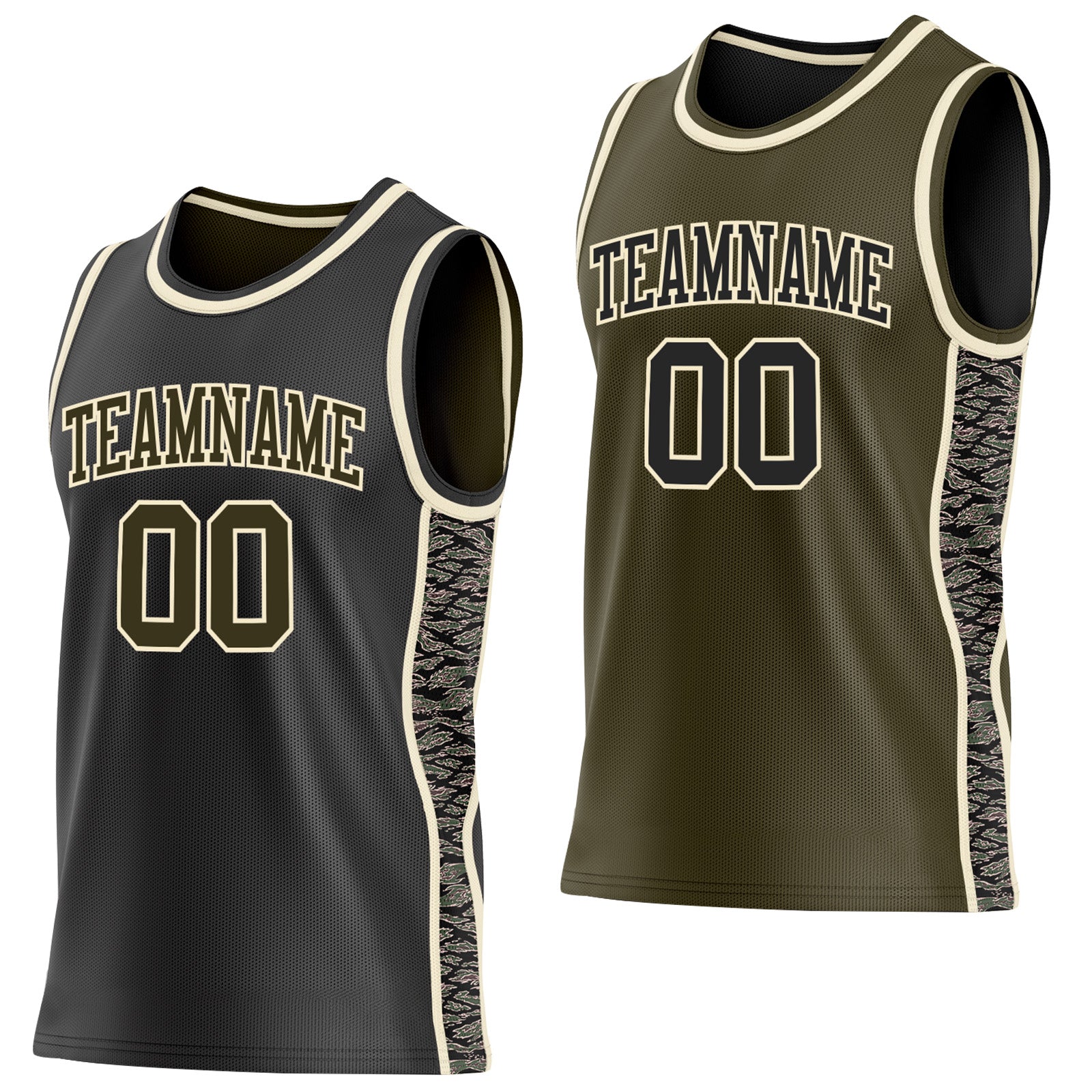 Custom Black Olive-Cream Camo Side Panel Stripe Reversible Double Side Sublimation Basketball Set Jersey