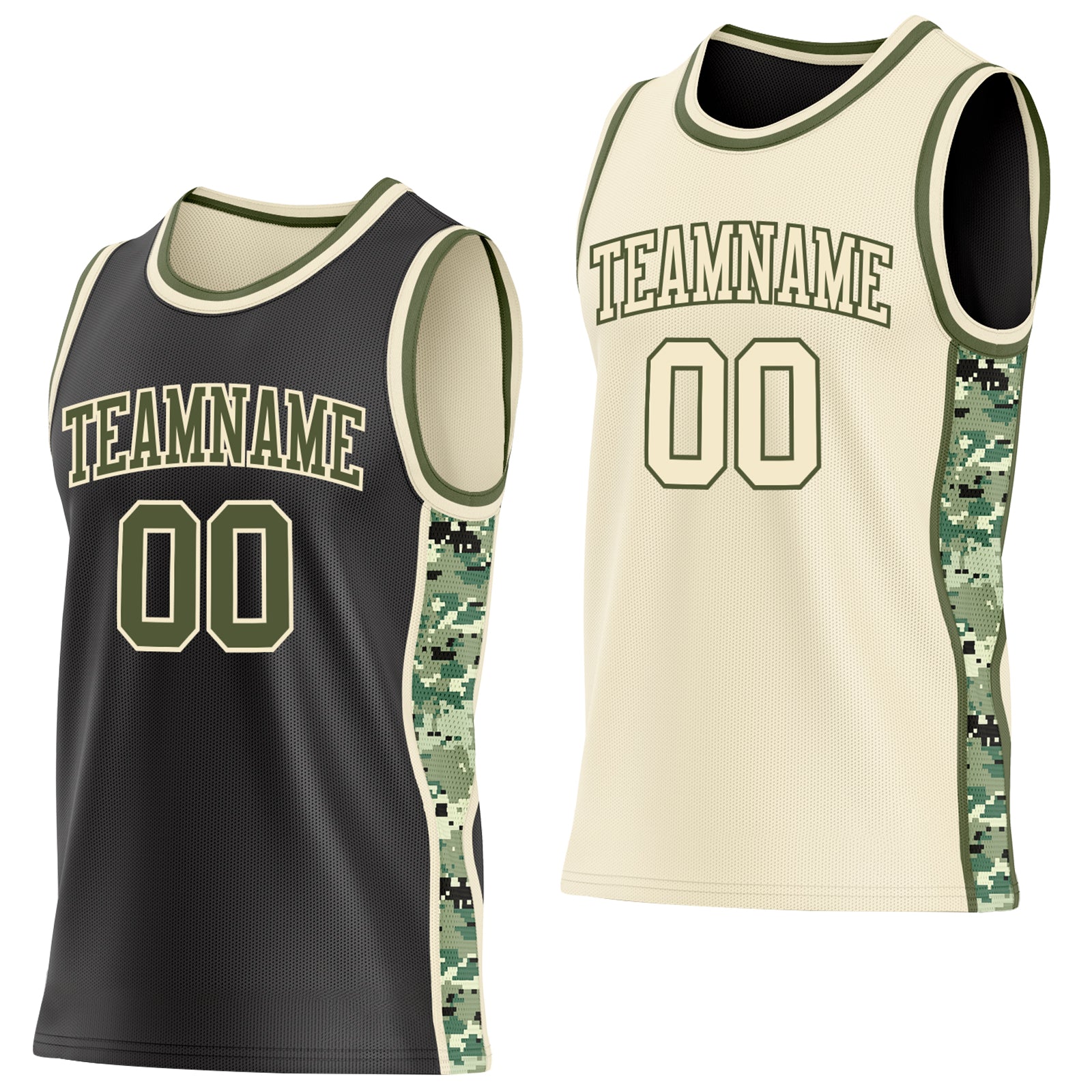 Custom Black Olive-Cream Digital Camo Side Panel Stripe Reversible Double Side Sublimation Basketball Set Jersey