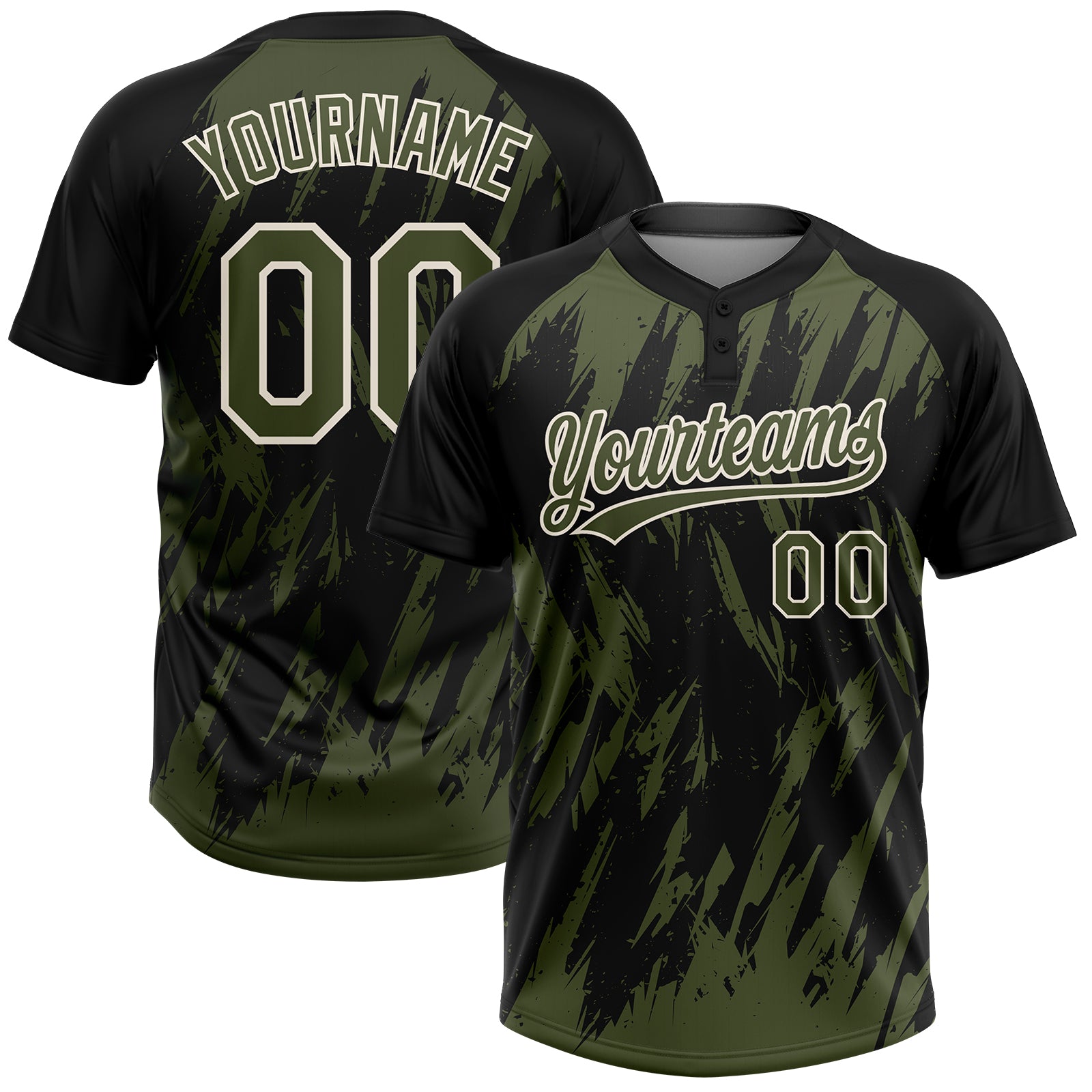 Custom Black Olive-Cream Splatter Torn Sharp Brush Stroke Two-Button Unisex Softball Jersey