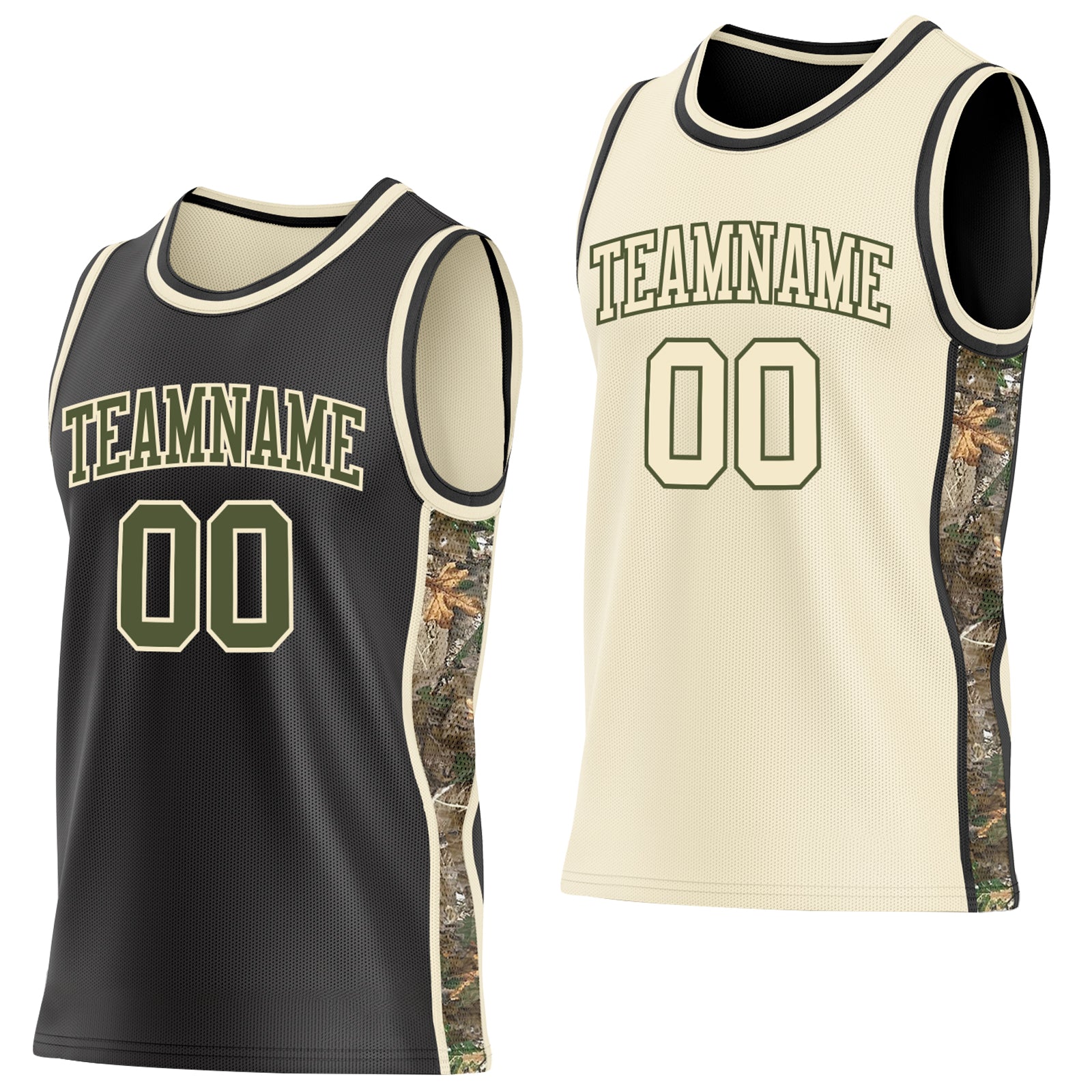 Custom Black Olive-Cream Woodland Camo Side Panel Stripe Reversible Double Side Sublimation Basketball Set Jersey