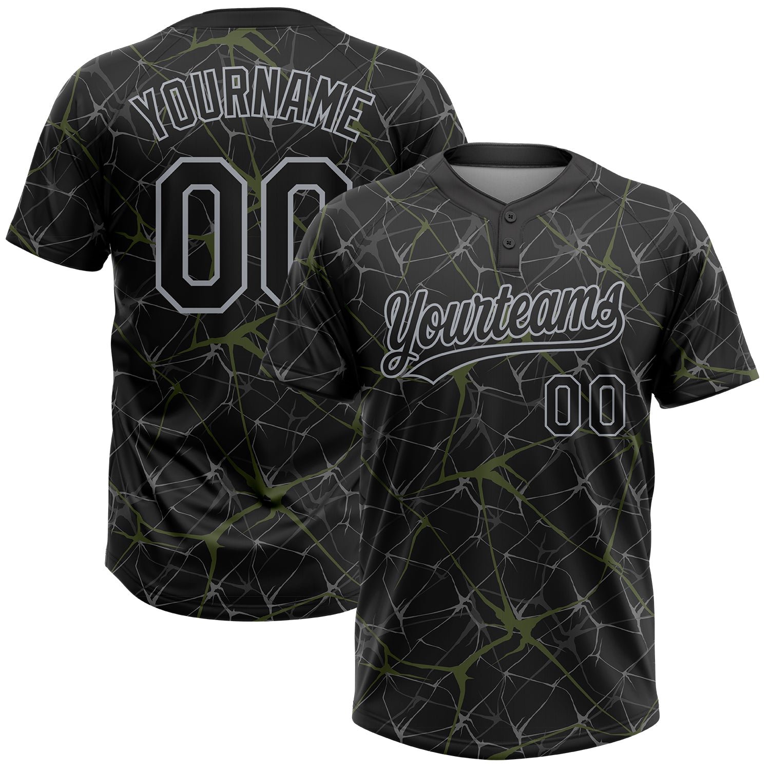 Custom Black Olive-Gray 3D Pattern Design Abstract Network Two-Button Unisex Softball Jersey