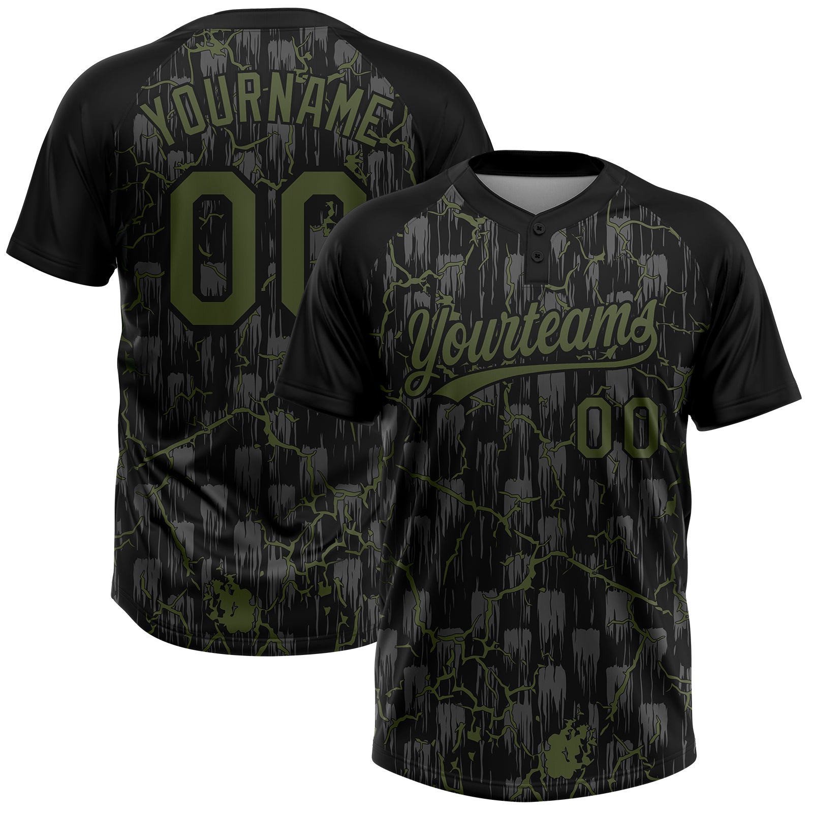 Custom Black Olive-Gray Raglan Sleeves Neon Lightning Crackle Two-Button Unisex Softball Jersey