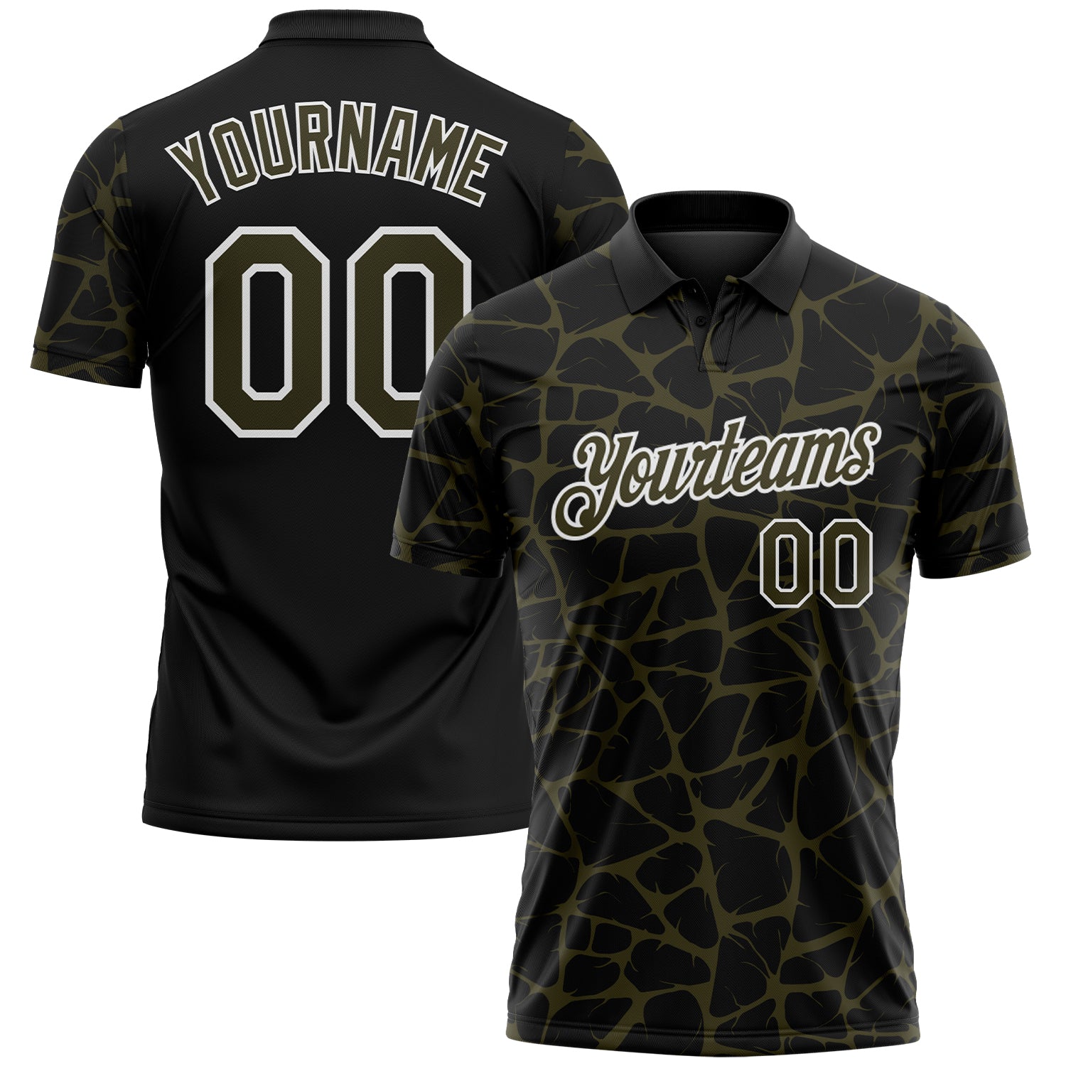 Custom Black Olive-White 3D Pattern Abstract Network Crackle Performance Polo Shirt