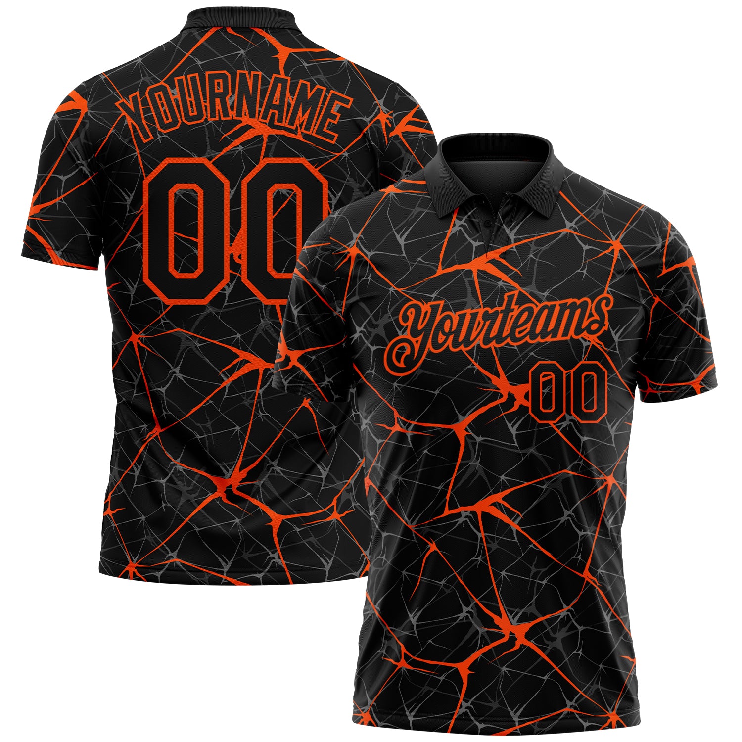 Custom Black-Orange 3D Pattern Abstract Network Crackle Performance Polo Shirt
