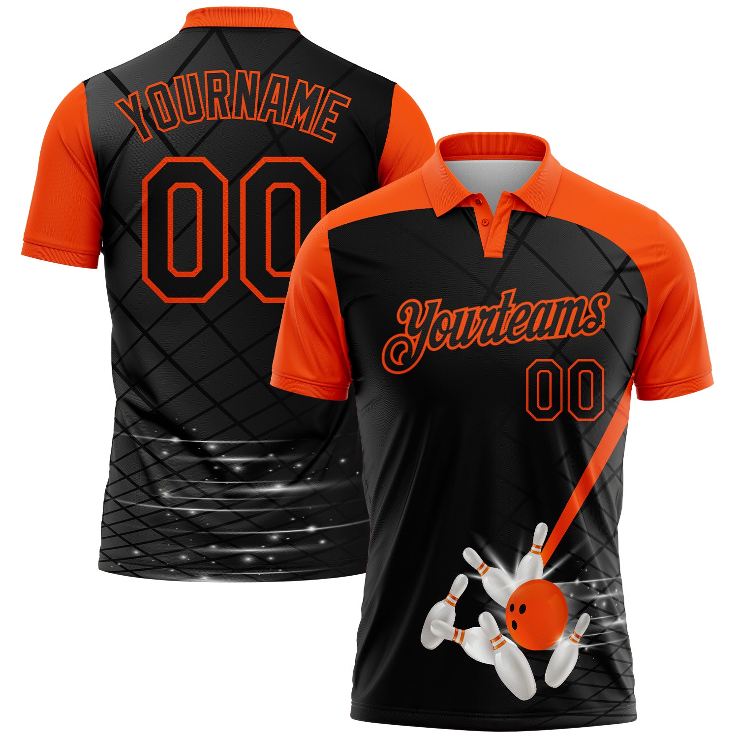 Custom Black-Orange Bowling Geometric Grid Performance Polo Shirt