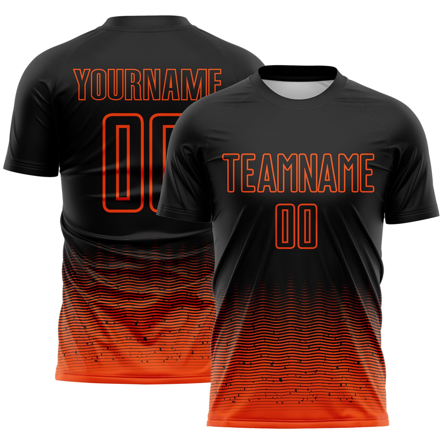Custom Black-Orange Fade Wave Lines Splatter Sublimation Soccer Uniform Jersey