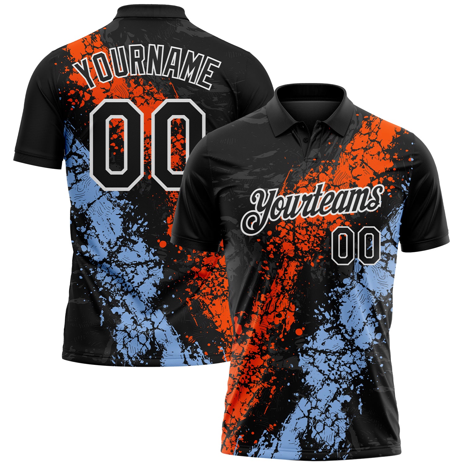 Custom Black Orange Light Blue-White Dripping Splatter Cracked Texture Performance Polo Shirt