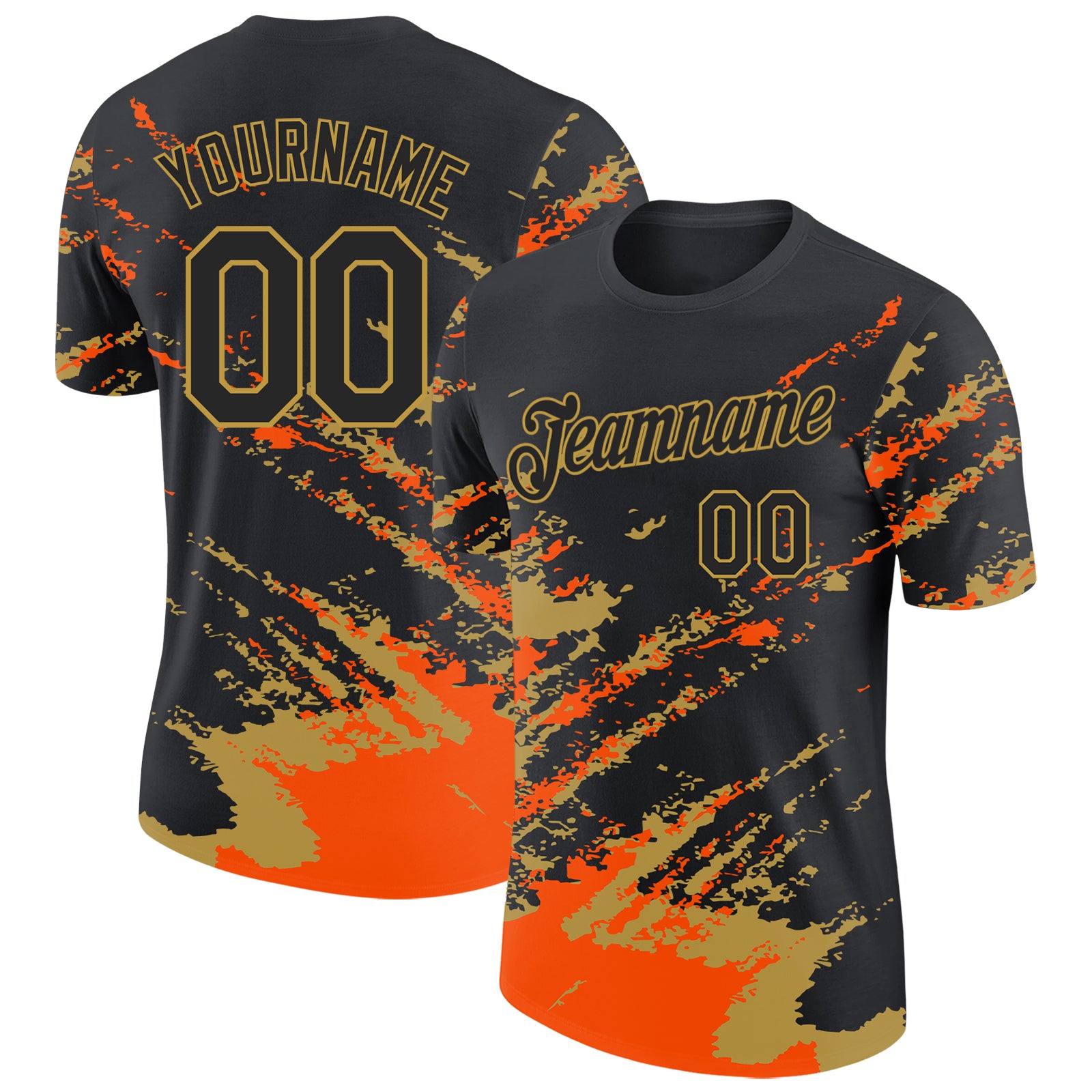Custom Black Orange-Old Gold Brush Stroke Shatter Splatter Performance T-Shirt